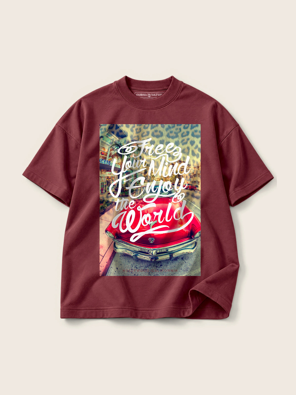 Enjoy The World · Camiseta Semi Oversize con Cortes 410g, vino, estampado frente, vista frontal
