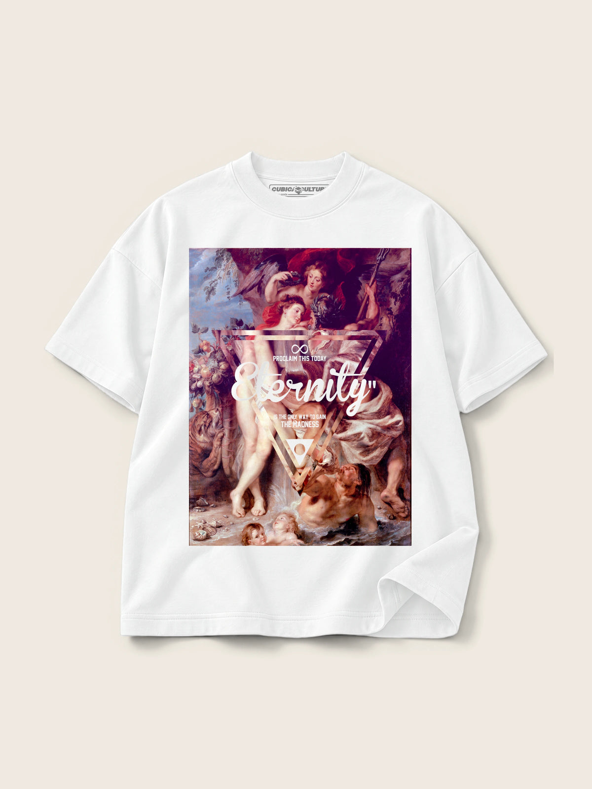 Eternity Proclaim · Camiseta Semi Oversize con Cortes 410g Blanco, blanco, estampado frente, vista frontal
