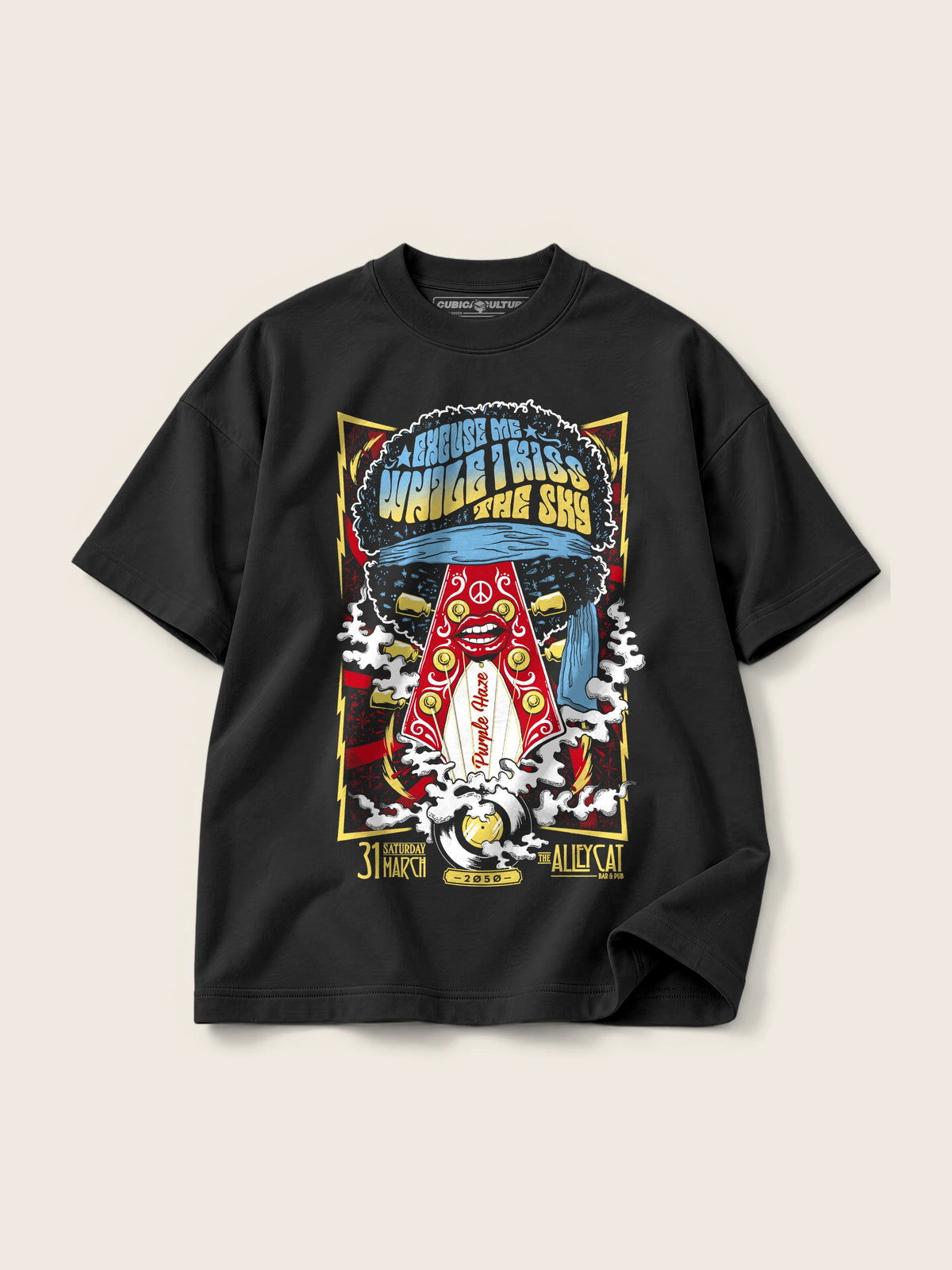 Hendrix · Camiseta Semi Oversize con Cortes 410g, negro, estampado frente, vista frontal