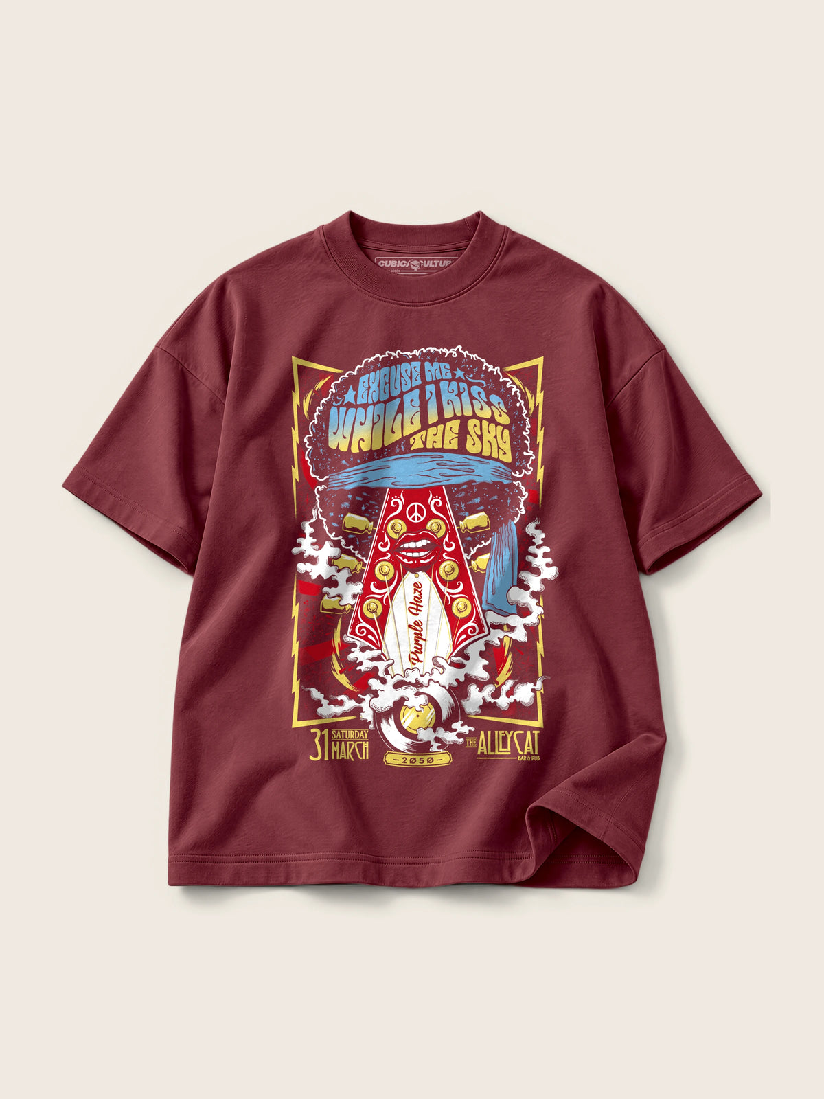 Hendrix · Camiseta Semi Oversize con Cortes 410g, vino, estampado frente, vista frontal