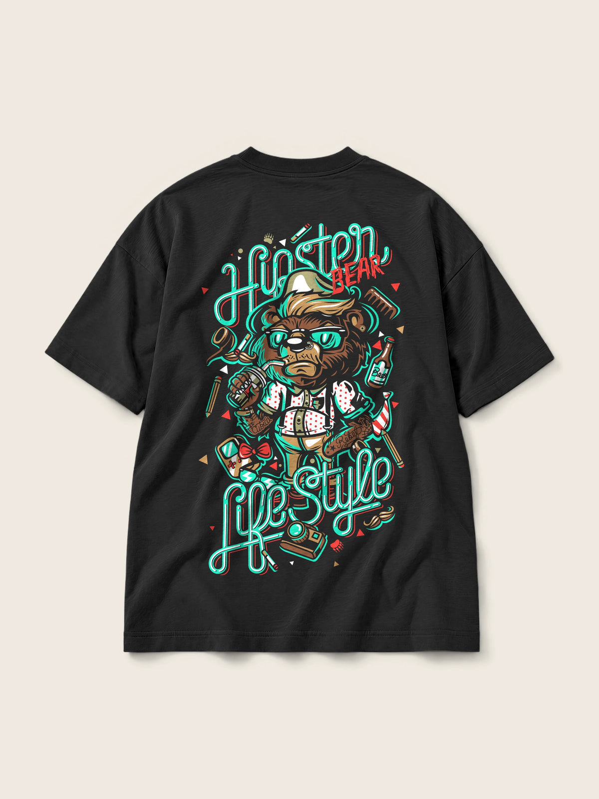 Hipster Bear · Camiseta Semi Oversize 310g Negro — Imagen del producto 1