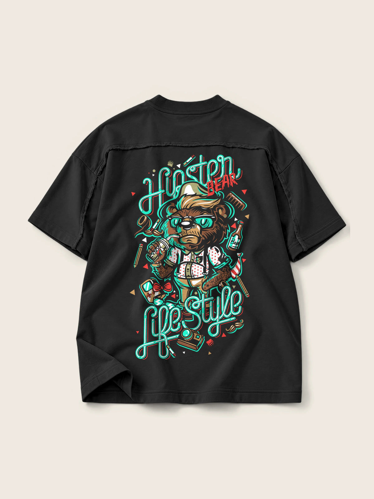 Hipster Bear · Camiseta Semi Oversize con Cortes 410g — Imagen del producto 1
