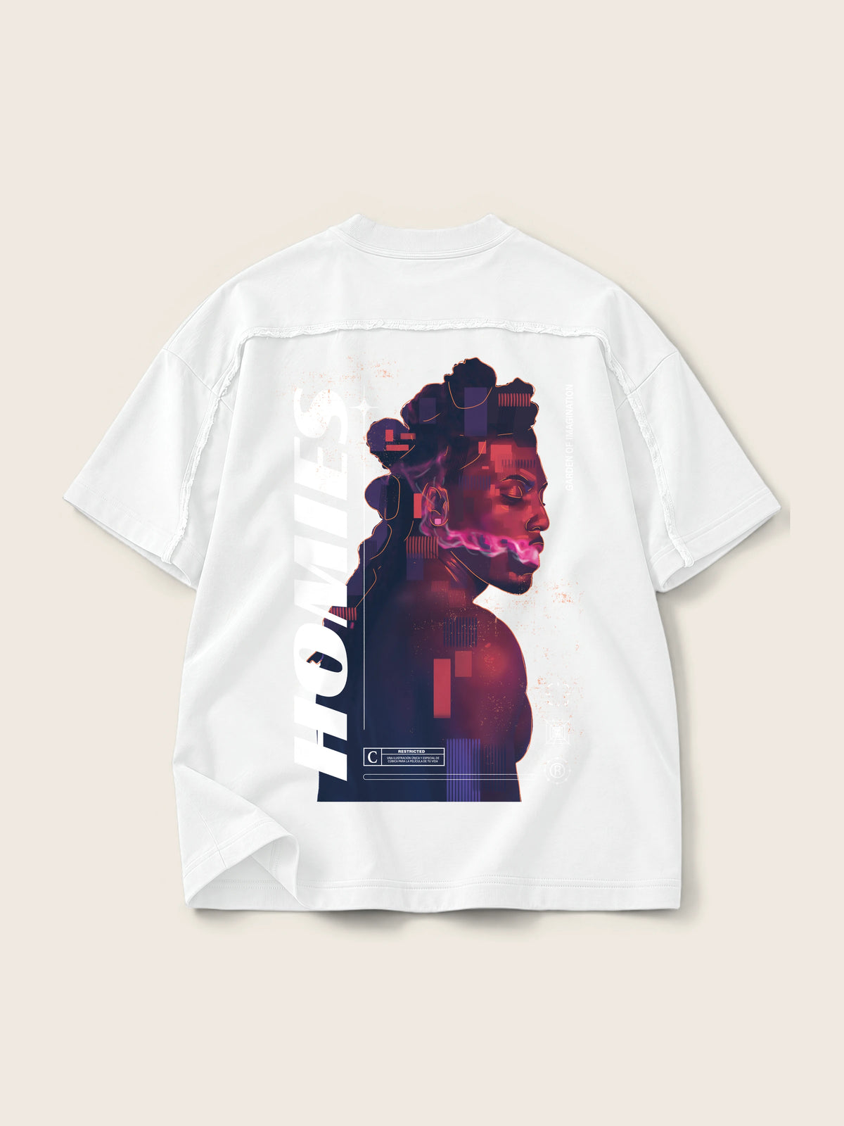 Homies · Camiseta Semi Oversize con Cortes 410g Blanco, blanco, estampado espalda, vista trasera