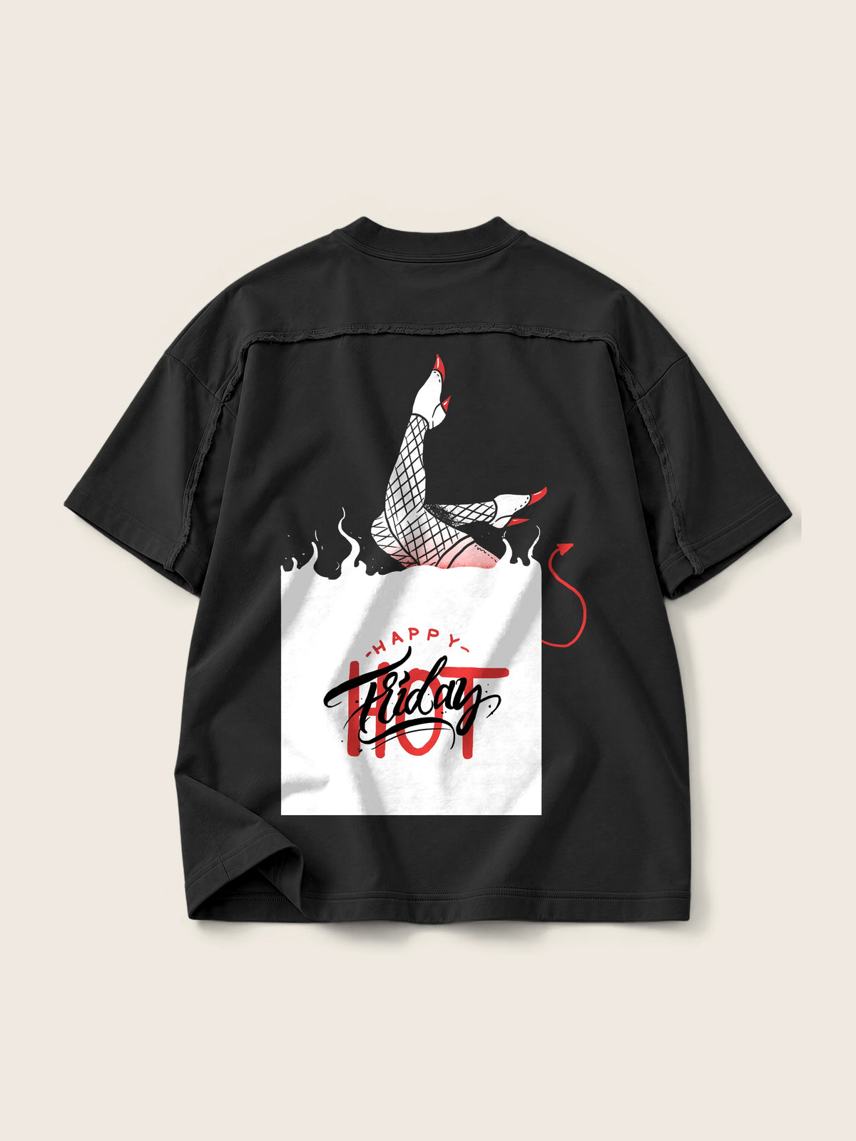 Hot Friday · Camiseta Semi Oversize con Cortes 410g, negro, estampado espalda, vista trasera