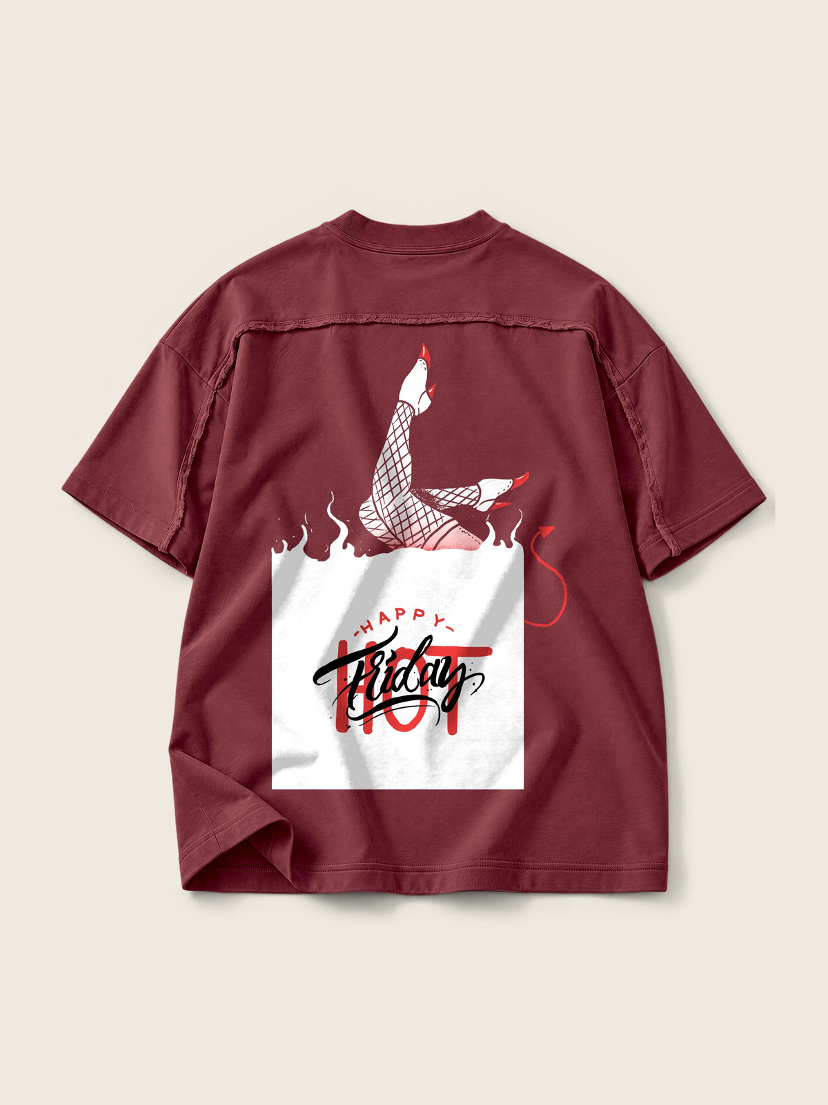 Hot Friday · Camiseta Semi Oversize con Cortes 410g, vino, estampado espalda, vista trasera