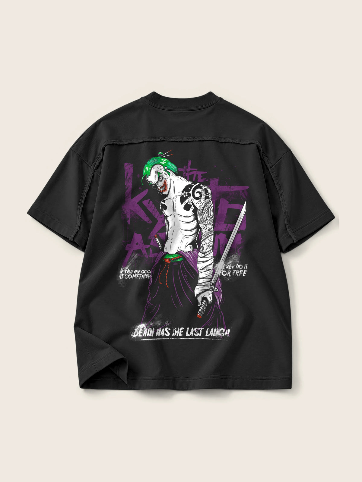 Joker Yakuza · Camiseta Semi Oversize con Cortes 410g, negro, estampado espalda, vista trasera