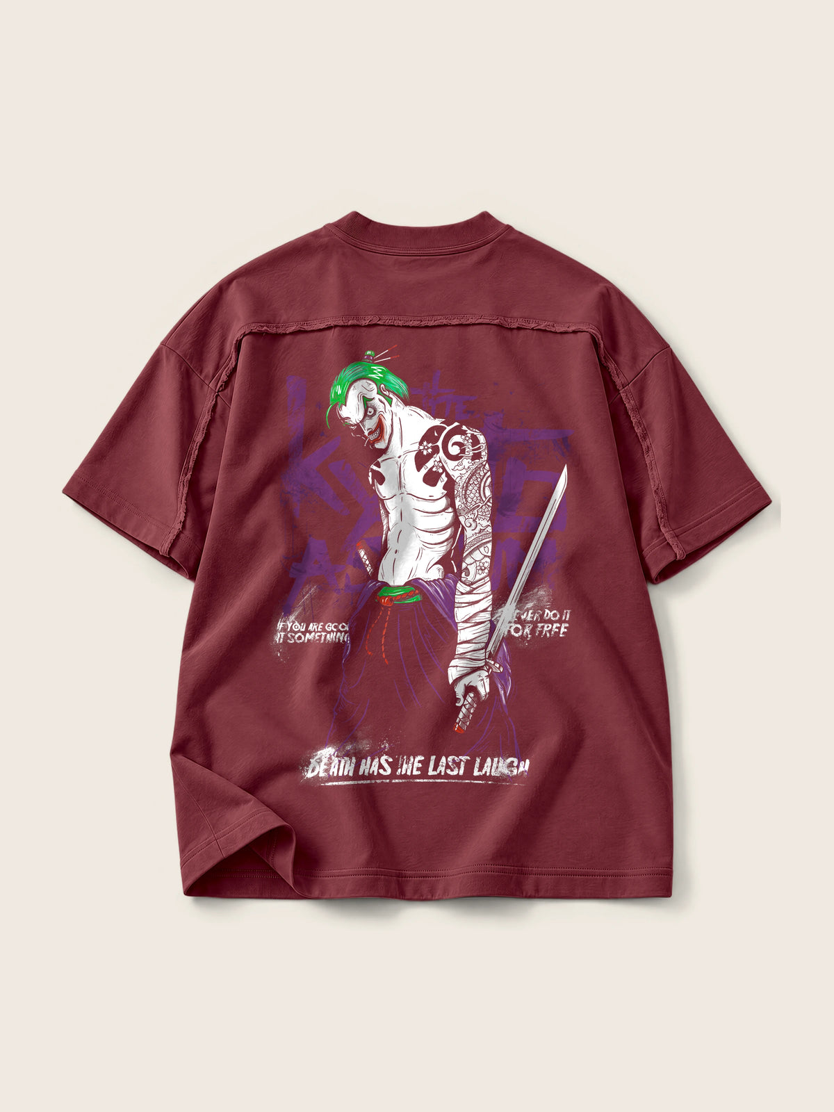 Joker Yakuza · Camiseta Semi Oversize con Cortes 410g, vino, estampado espalda, vista trasera