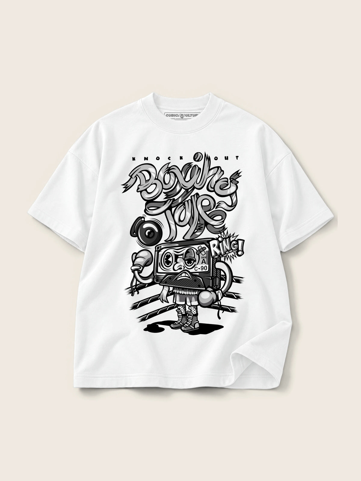 Knockout · Camiseta Semi Oversize con Cortes 410g Blanco, blanco, estampado frente, vista frontal