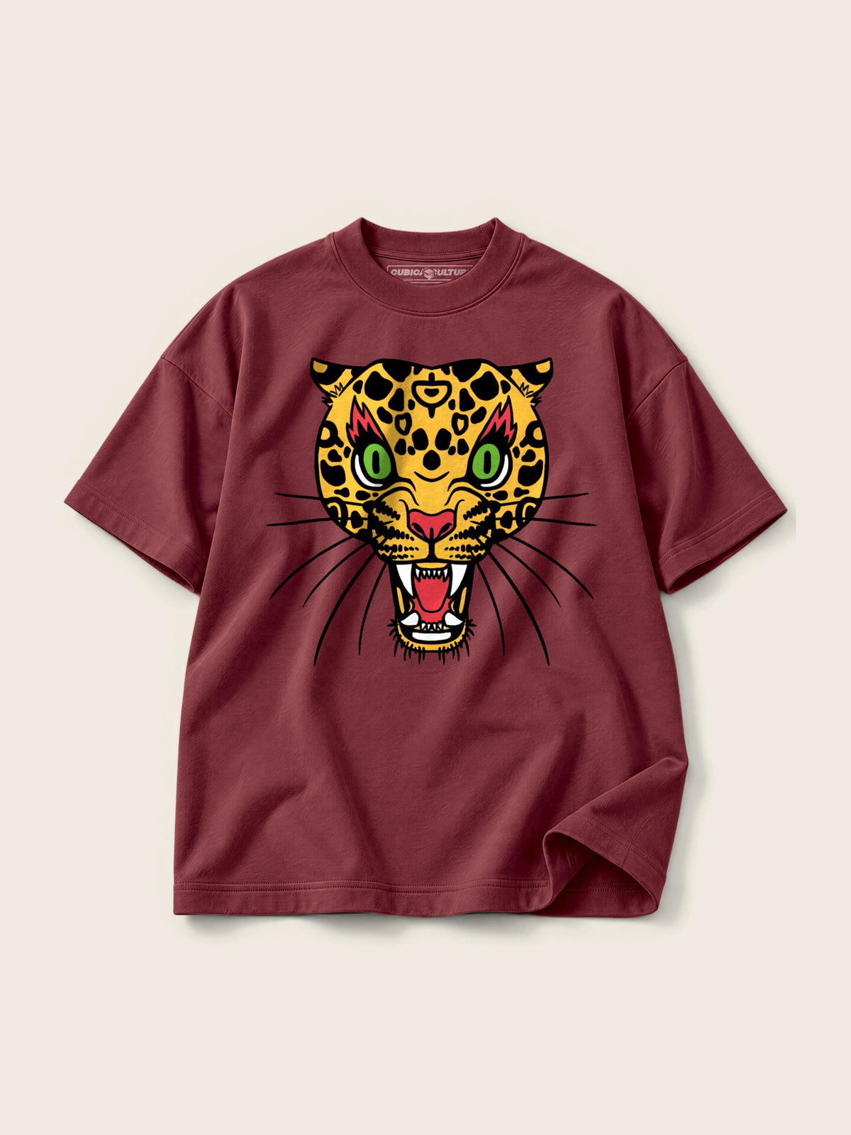 Leopard · Camiseta Semi Oversize con Cortes 410g, vino, estampado frente, vista frontal