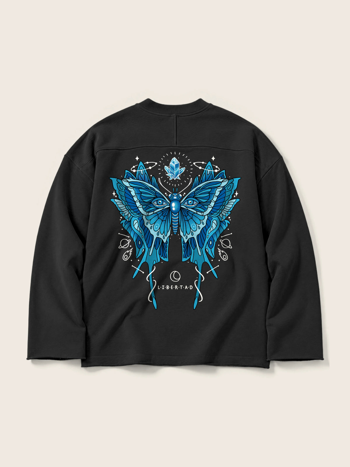Libertad Mariposa · Buso Cuello Redondo 410g Negro, negro, estampado bolsillo + espalda, vista trasera