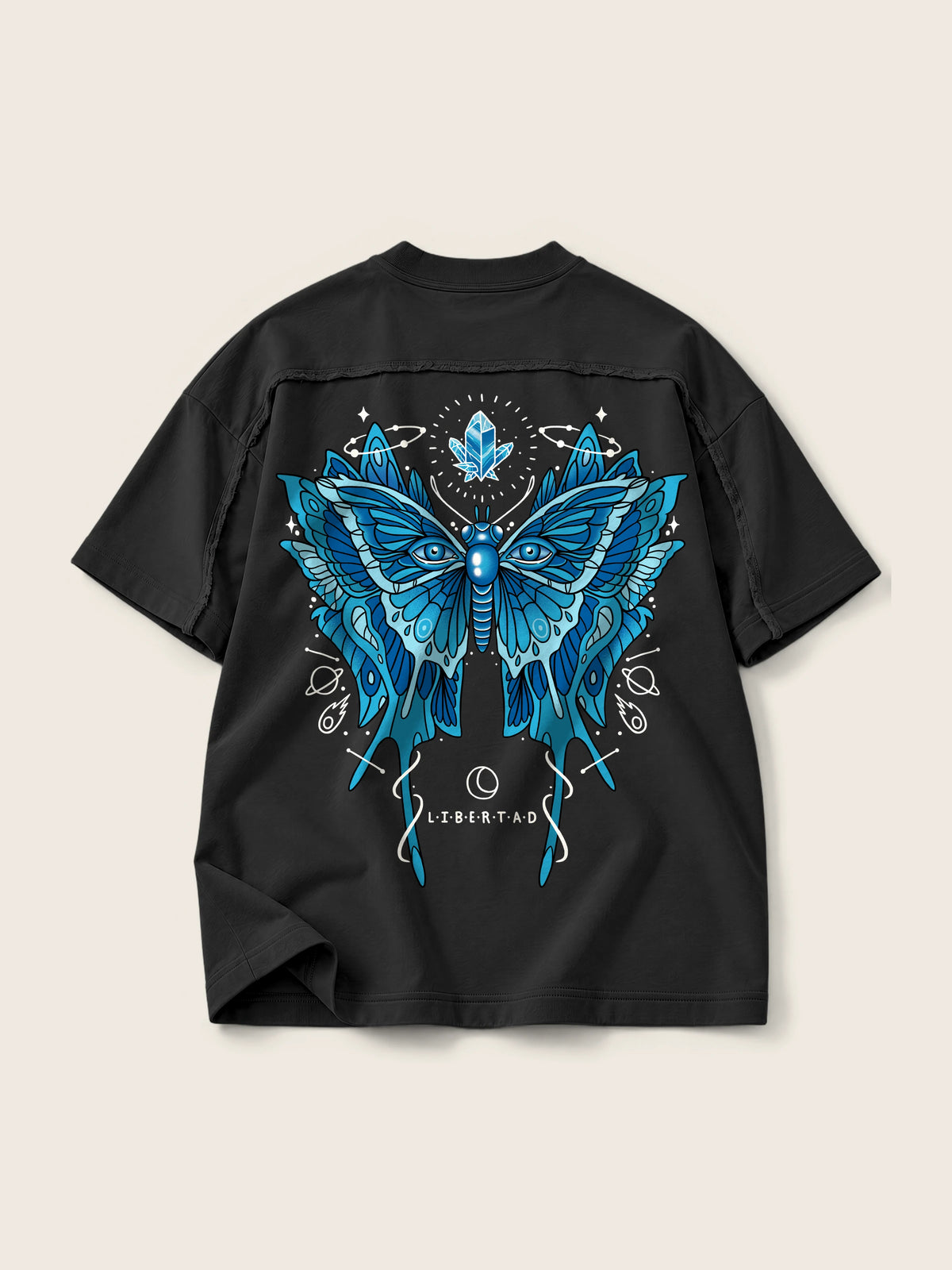 Libertad Mariposa · Camiseta Semi Oversize con Cortes 410g, negro, estampado bolsillo + espalda, vista trasera