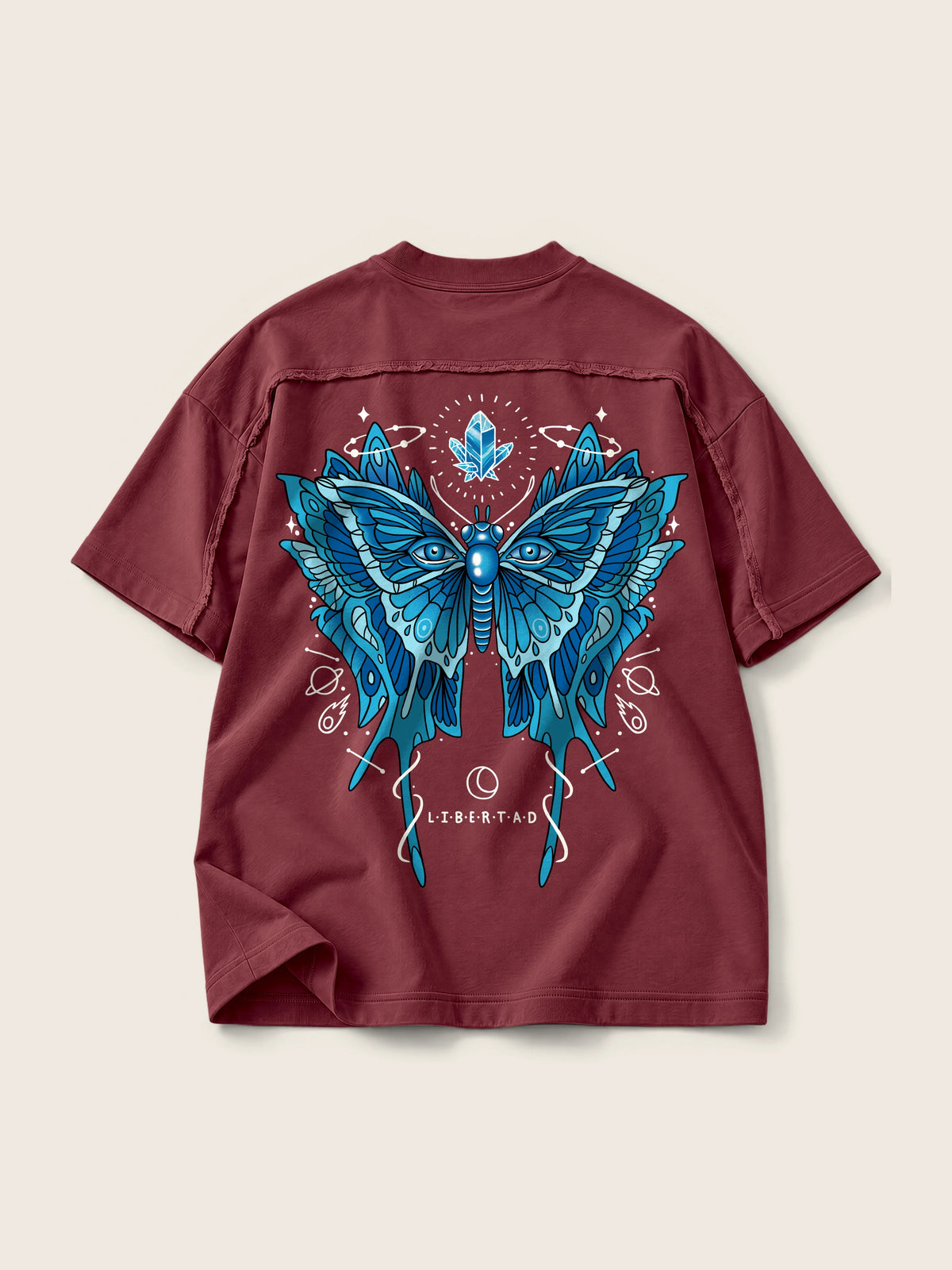 Libertad Mariposa · Camiseta Semi Oversize con Cortes 410g, vino, estampado bolsillo + espalda, vista trasera