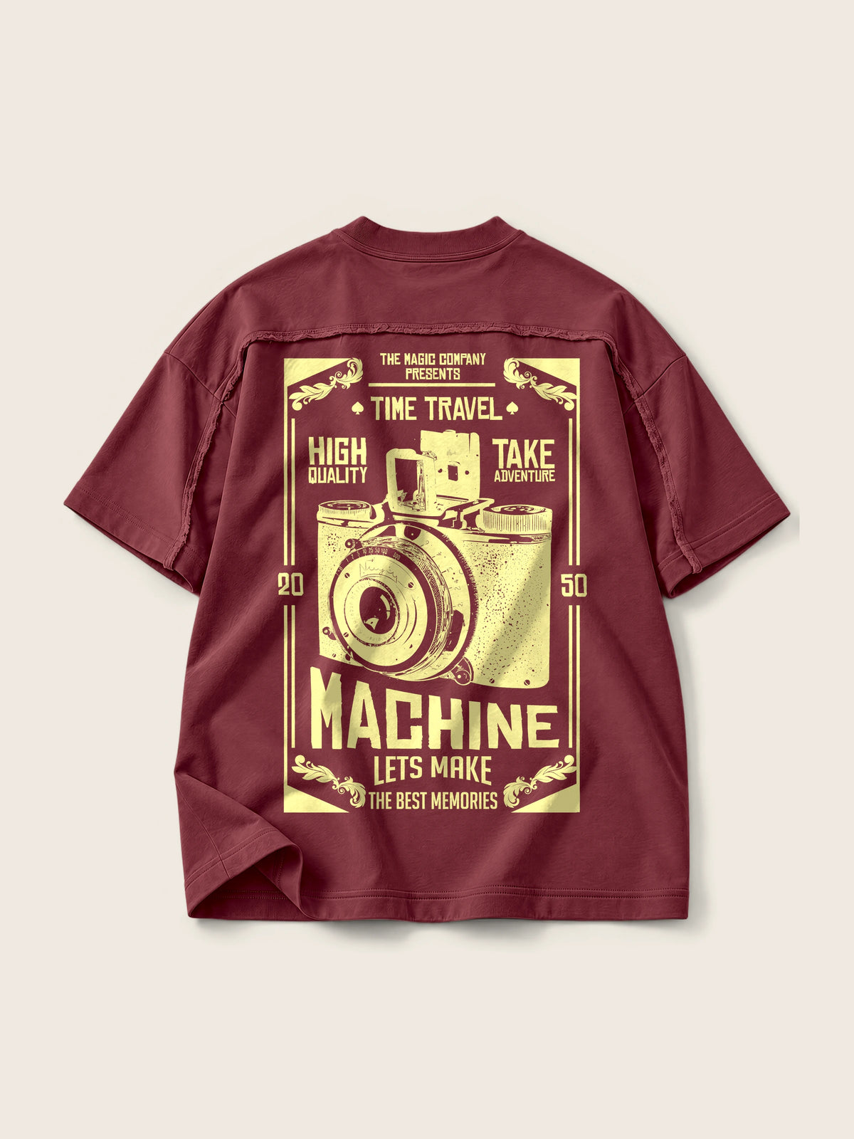 Machine Photo · Camiseta Semi Oversize con Cortes 410g, vino, estampado espalda, vista trasera