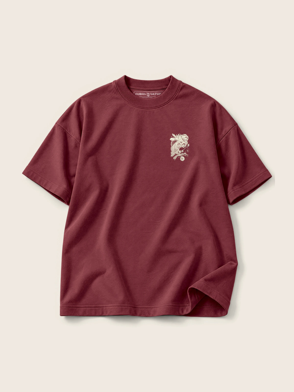 Magic Owl · Camiseta Semi Oversize con Cortes 410g, vino, estampado bolsillo, vista frontal