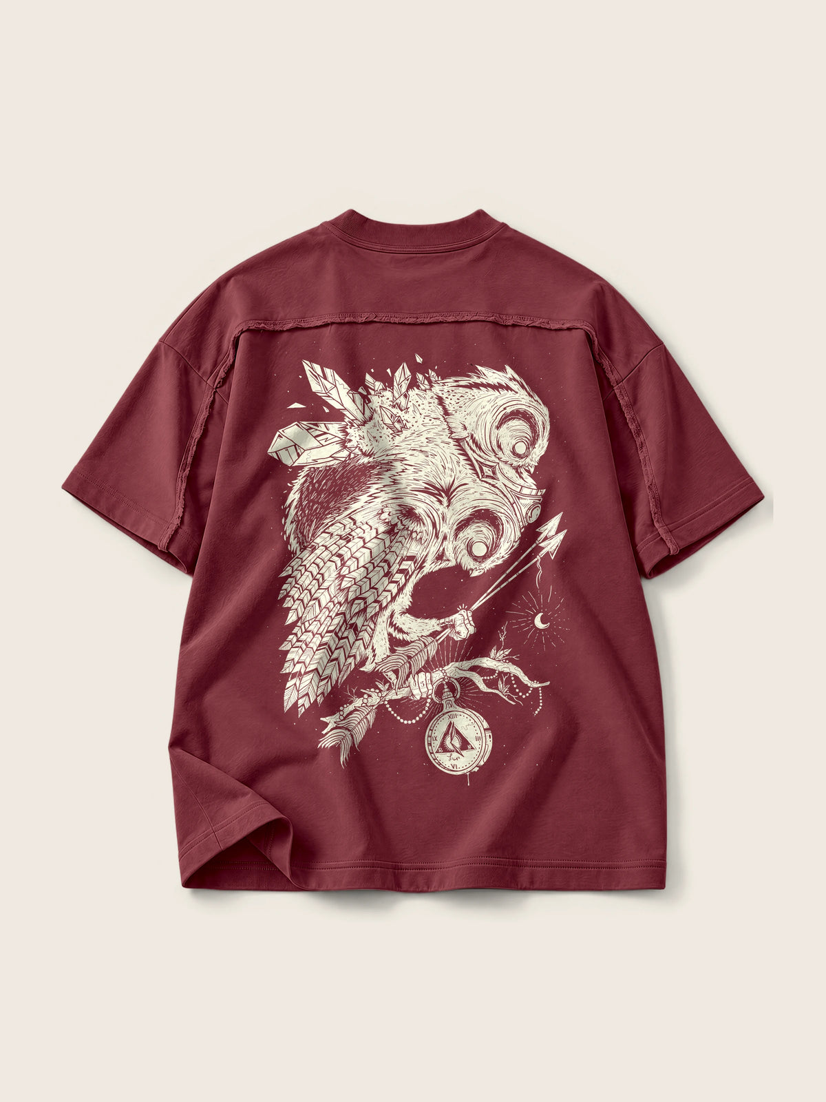 Magic Owl · Camiseta Semi Oversize con Cortes 410g, vino, estampado espalda, vista trasera