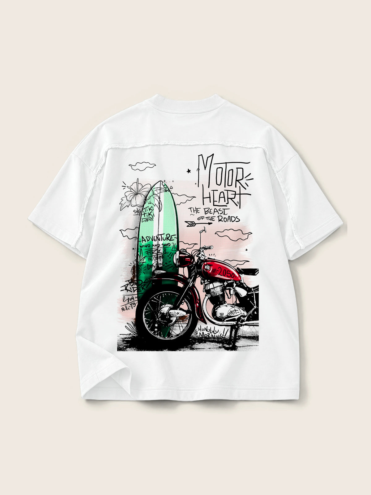 Motor Heart · Camiseta Semi Oversize con Cortes 410g Blanco, blanco, estampado bolsillo + espalda, vista trasera