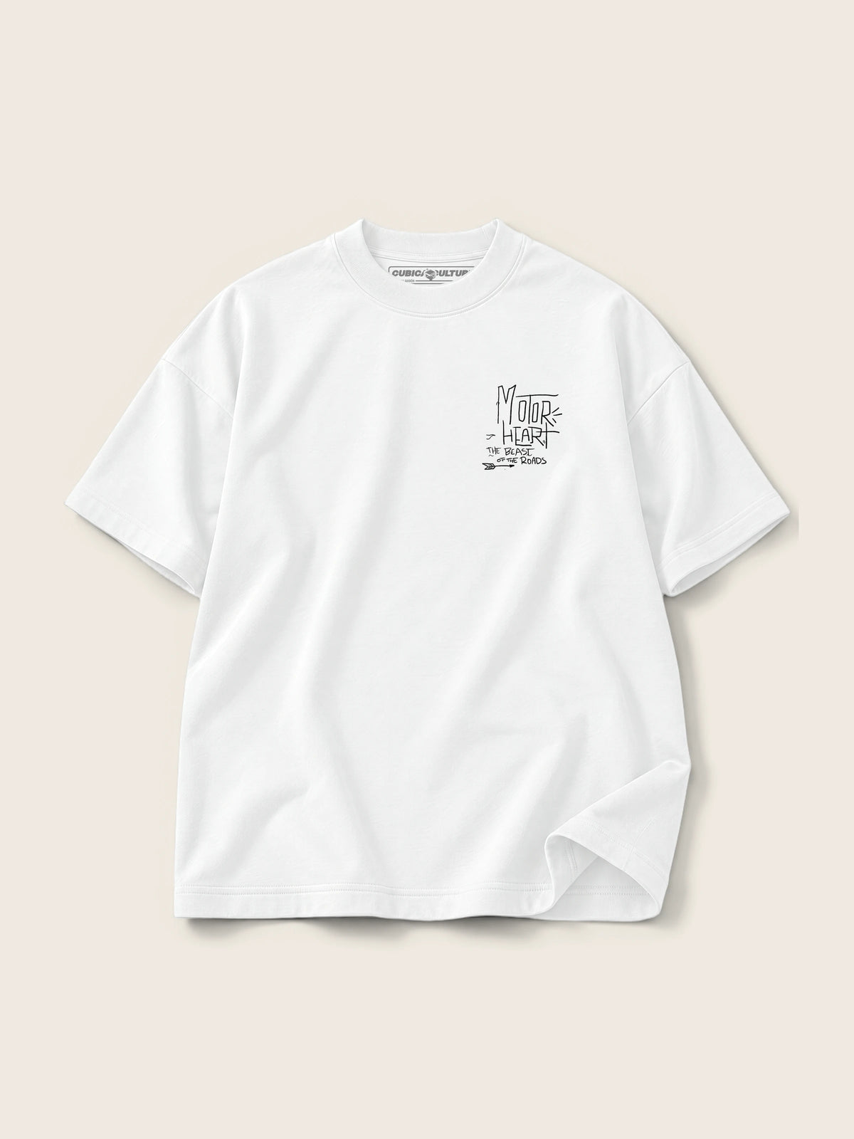 Motor Heart · Camiseta Semi Oversize con Cortes 410g Blanco, blanco, estampado bolsillo + espalda, vista frontal