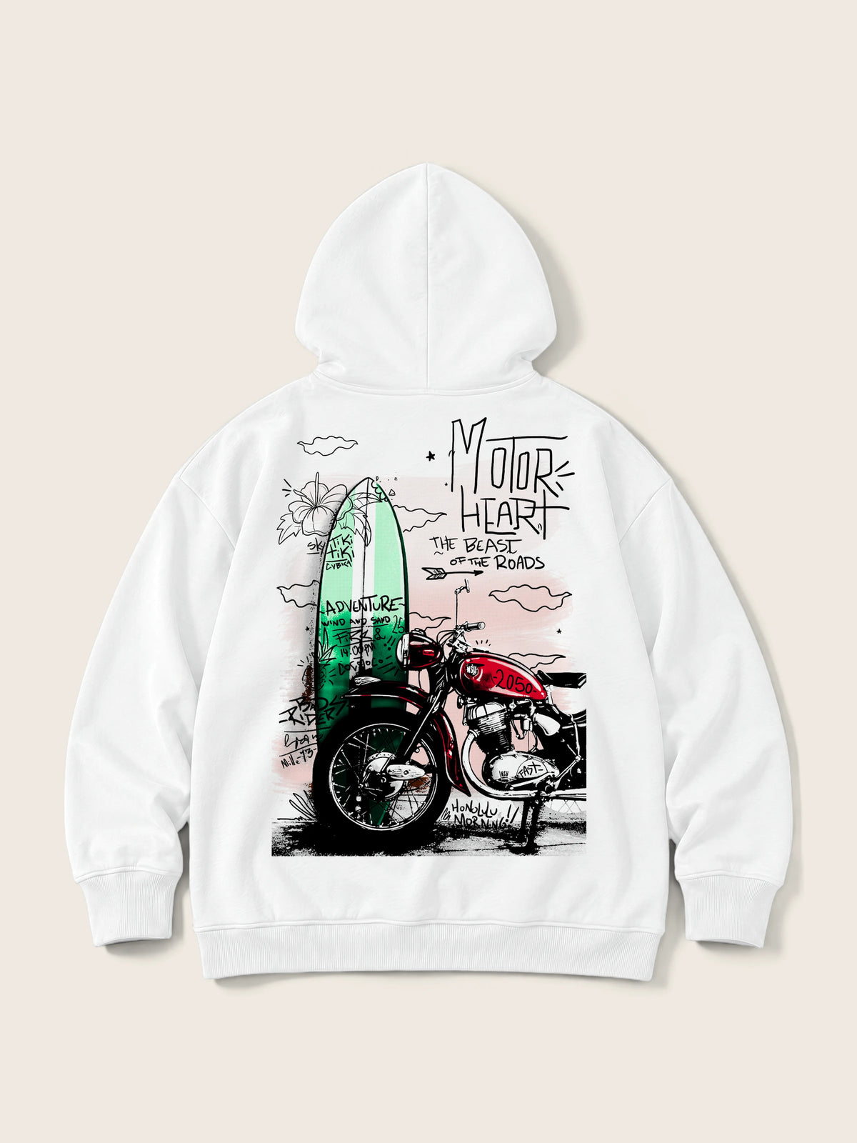 Motor Heart · Hoodie 410g Blanco, blanco, estampado bolsillo + espalda, vista trasera
