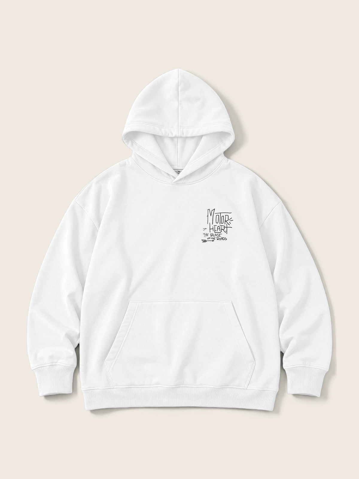 Motor Heart · Hoodie 410g Blanco, blanco, estampado bolsillo + espalda, vista frontal