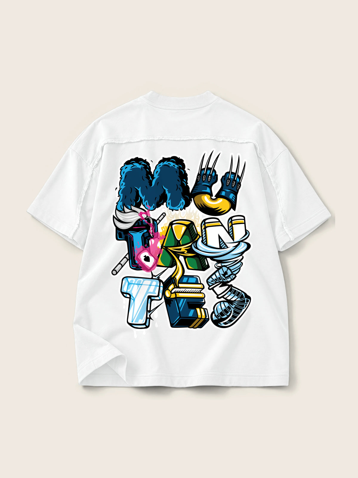 Mutantes · Camiseta Semi Oversize con Cortes 410g, blanco, estampado espalda, vista trasera