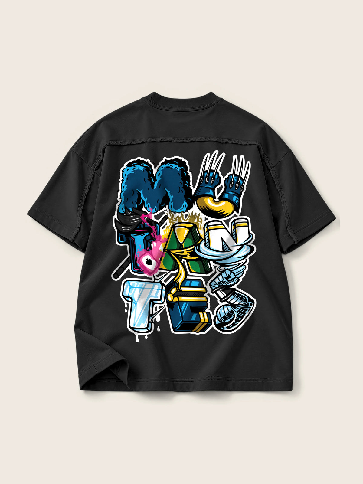 Mutantes · Camiseta Semi Oversize con Cortes 410g, negro, estampado espalda, vista trasera