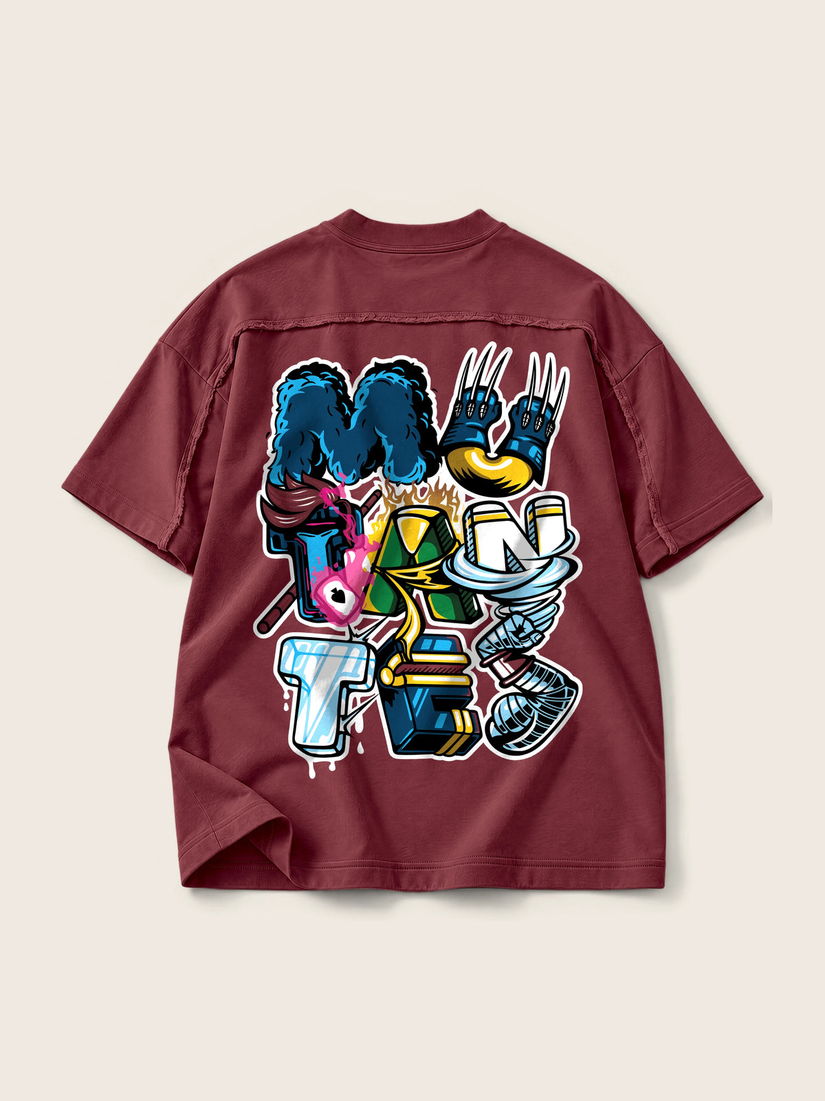 Mutantes · Camiseta Semi Oversize con Cortes 410g, vino, estampado espalda, vista trasera