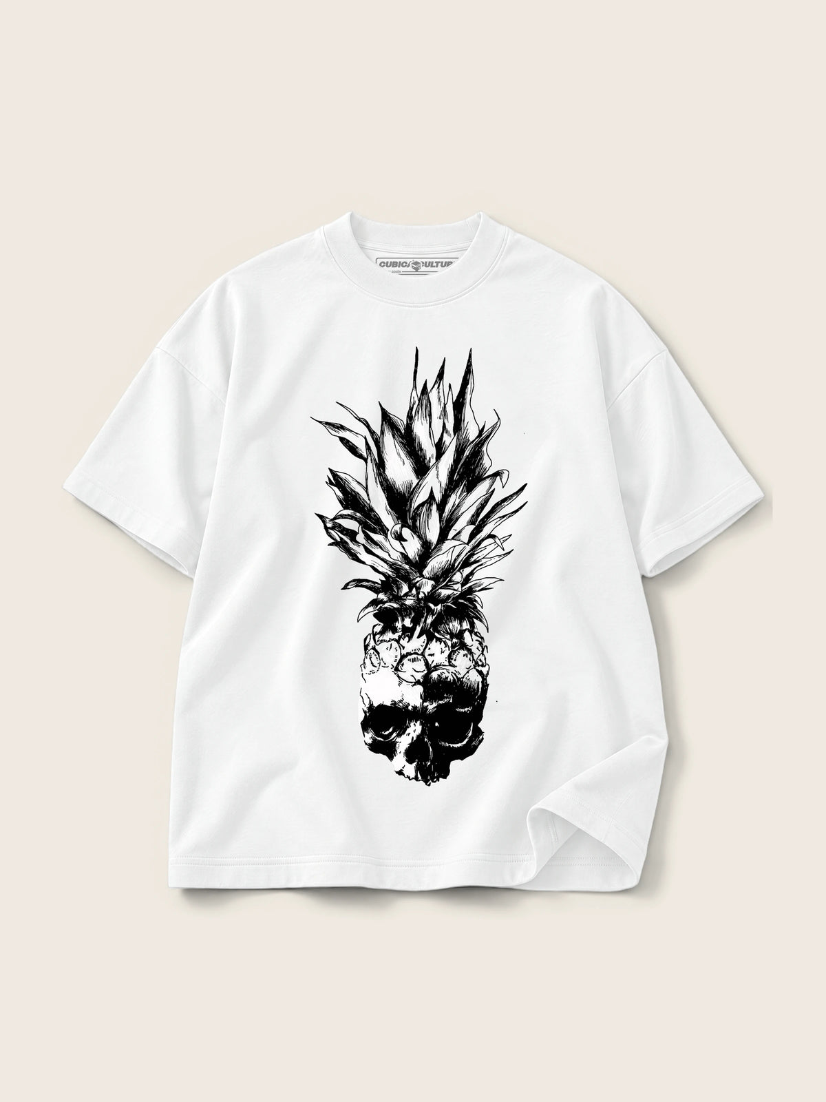 Piña Calavera · Camiseta Semi Oversize con Cortes 410g Blanco — Imagen del producto 1