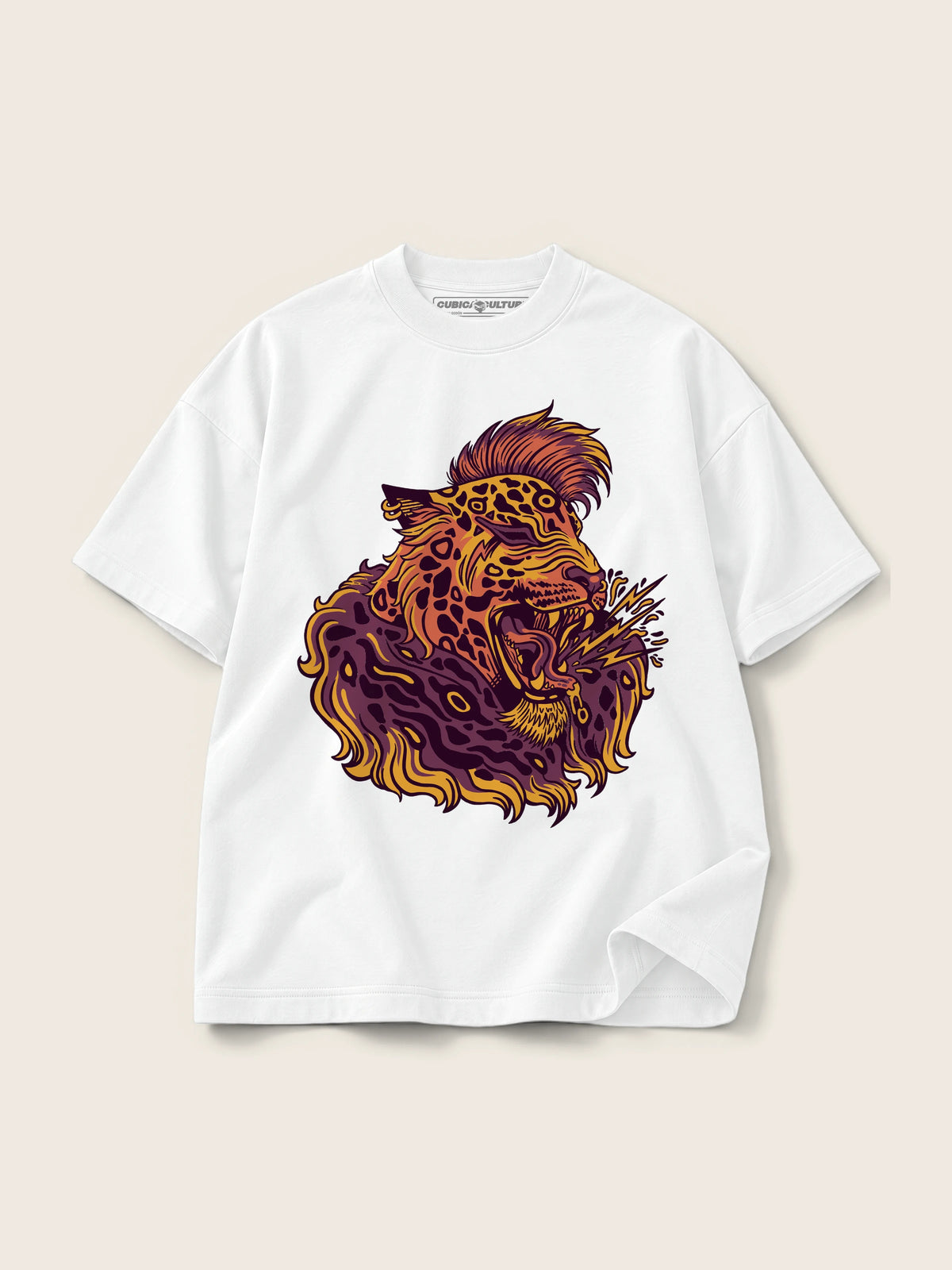 Punk Leopard · Camiseta Semi Oversize con Cortes 410g Blanco — Imagen del producto 1