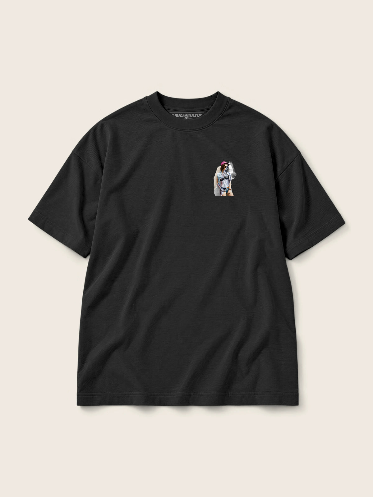 Robot Girl · Camiseta Semi Oversize 310g, negro, estampado bolsillo, vista frontal