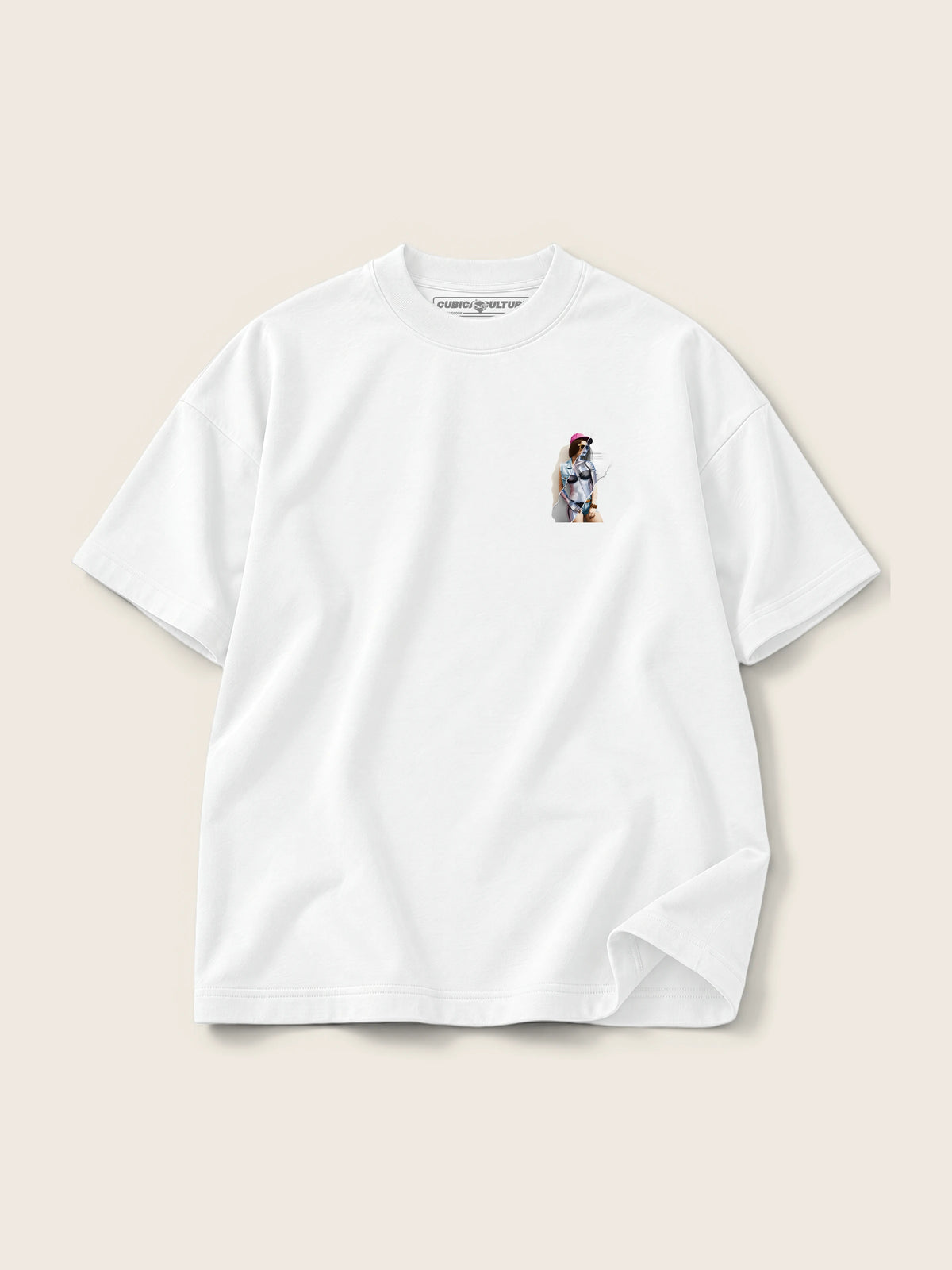 Robot Girl · Camiseta Semi Oversize con Cortes 410g, blanco, estampado bolsillo, vista frontal