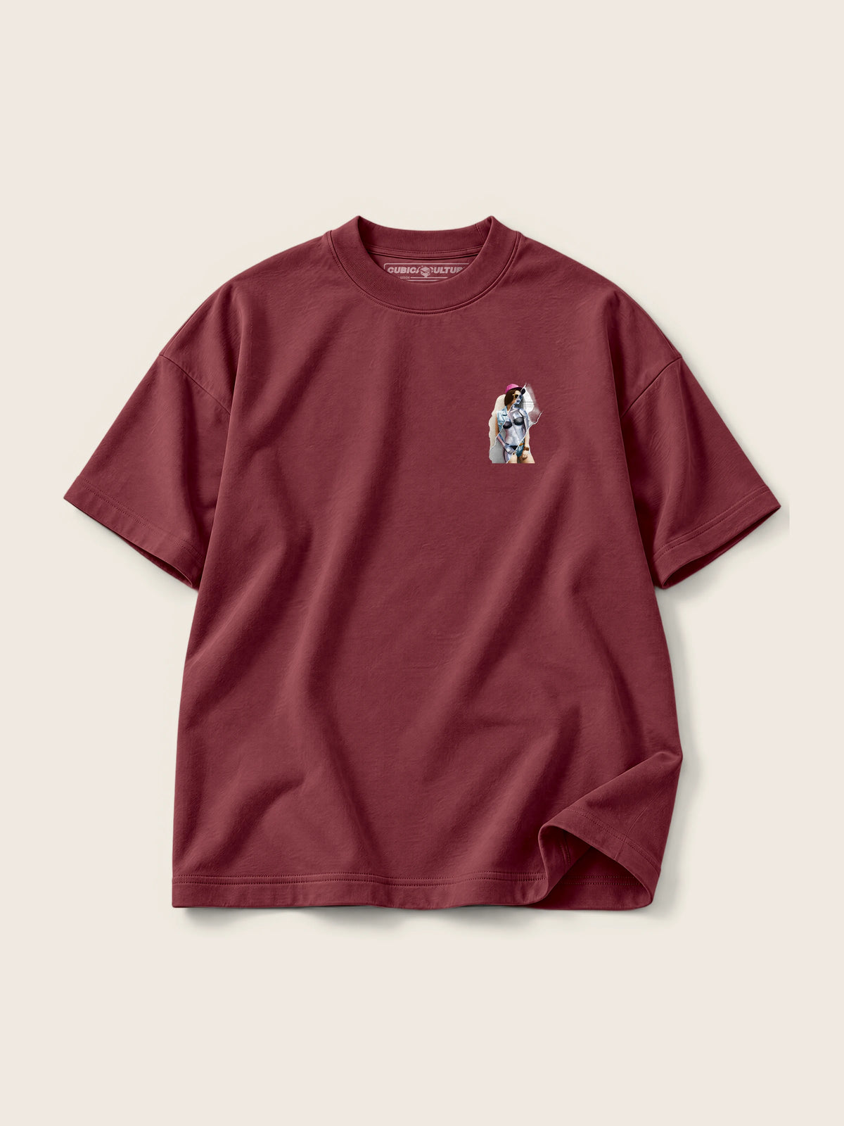 Robot Girl · Camiseta Semi Oversize con Cortes 410g, vino, estampado bolsillo, vista frontal
