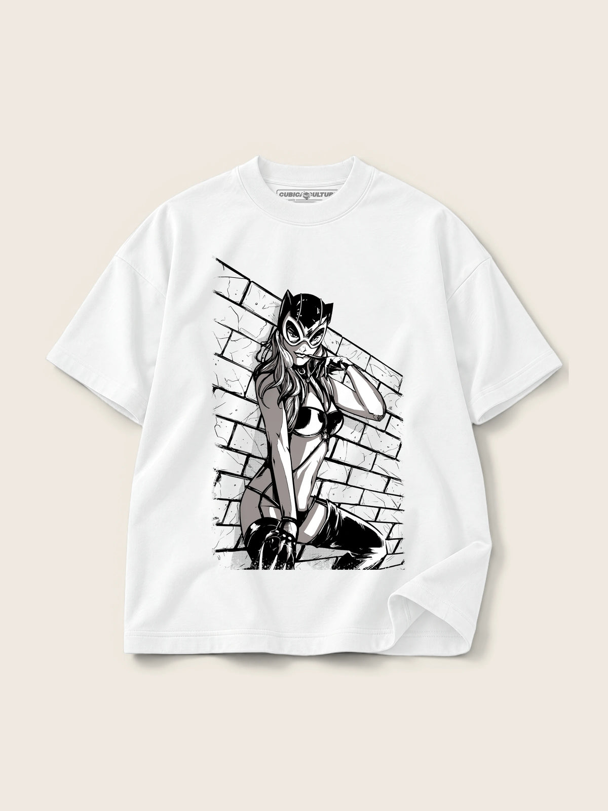 Sexy Cat · Camiseta Semi Oversize con Cortes 410g Blanco, blanco, estampado frente, vista frontal