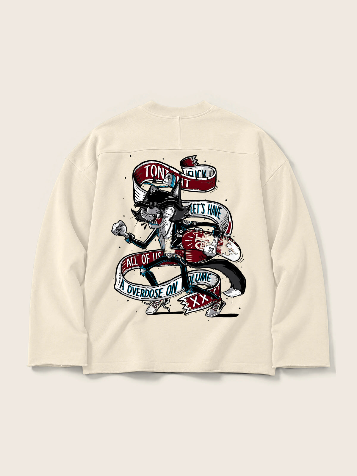 Skater Cat · Buso Cuello Redondo 410g Crudo, crudo, estampado bolsillo + espalda, vista trasera