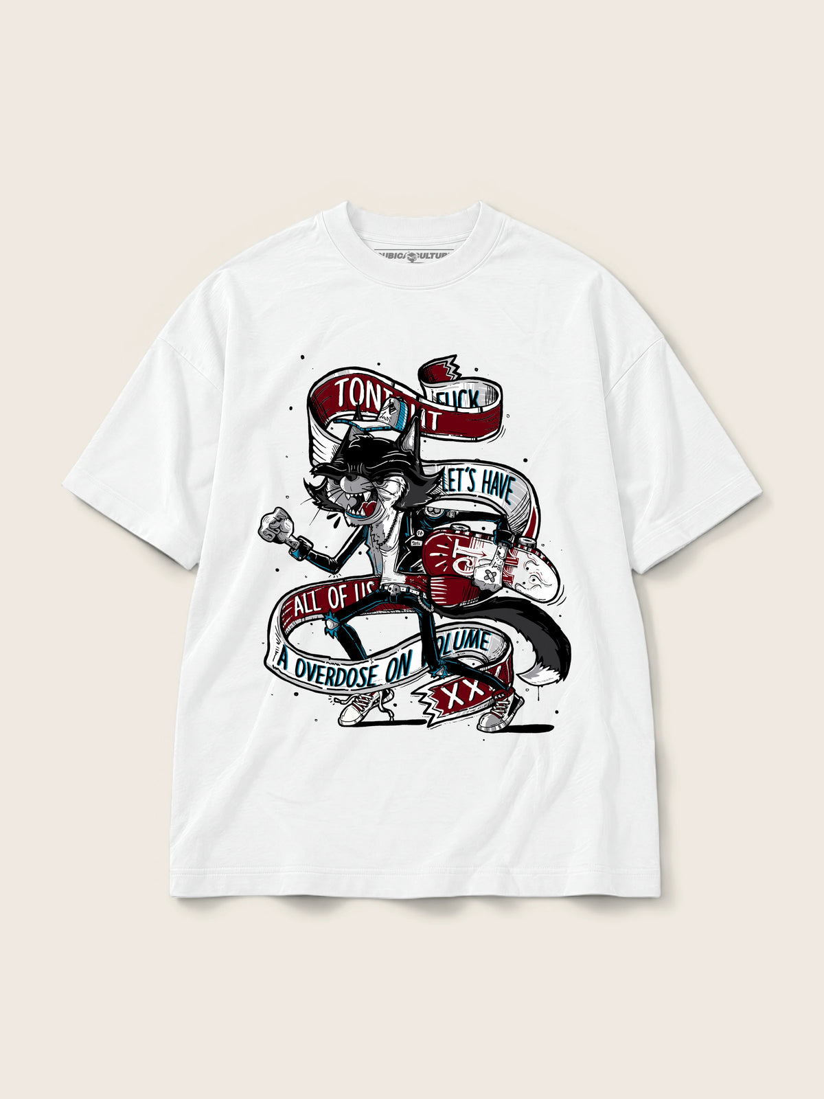 Skater Cat · Camiseta Semi Oversize 250g Blanco — Imagen del producto 1