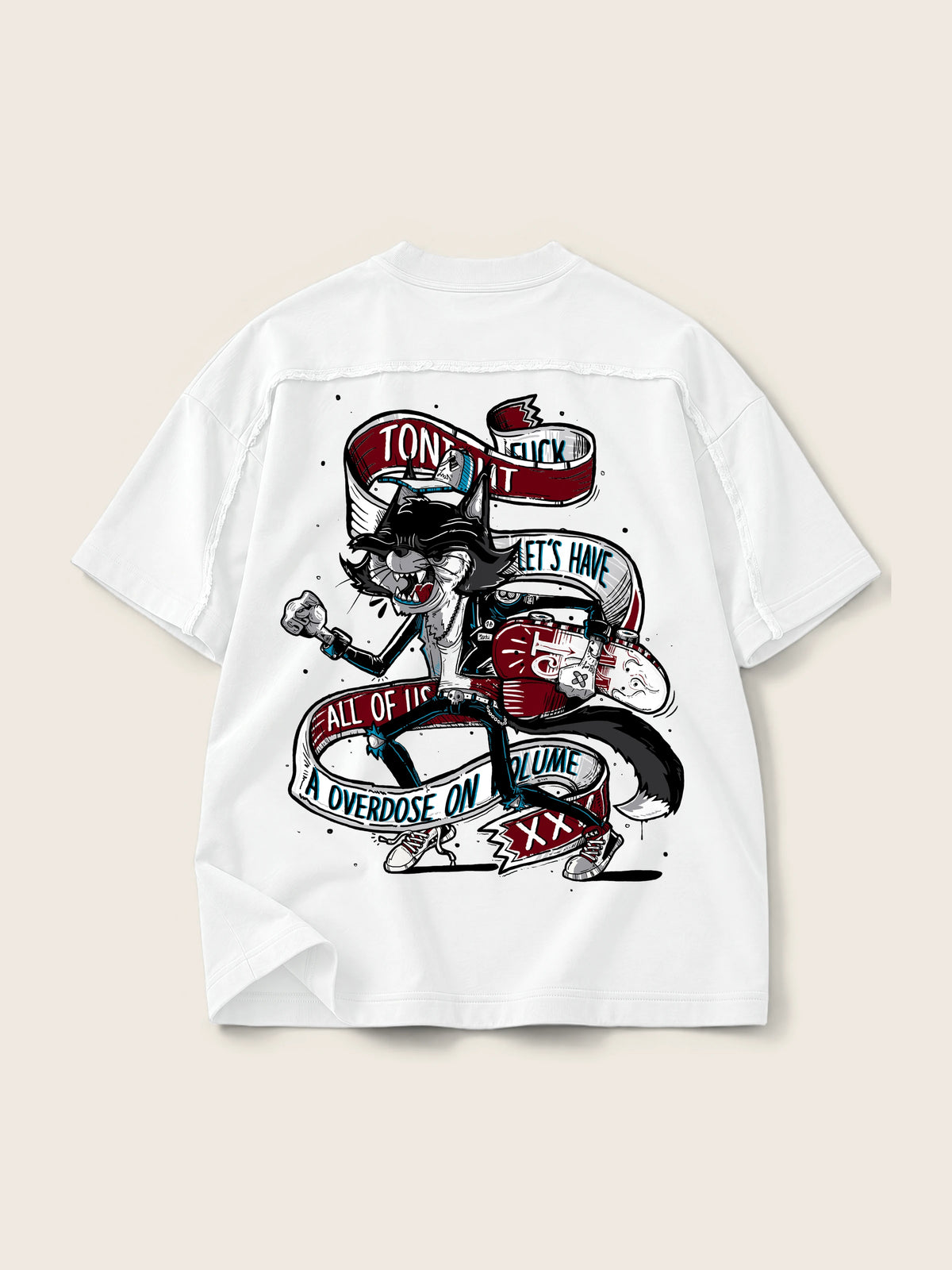 Skater Cat · Camiseta Semi Oversize con Cortes 410g Blanco — Imagen del producto 6