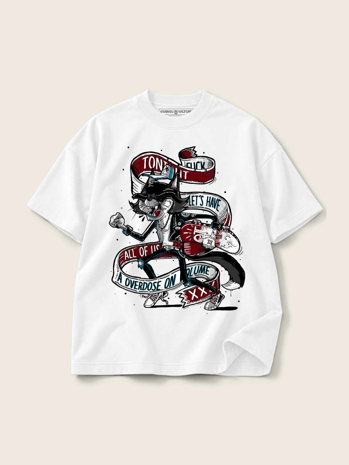 Skater Cat · Camiseta Semi Oversize con Cortes 410g Blanco — Imagen del producto 1