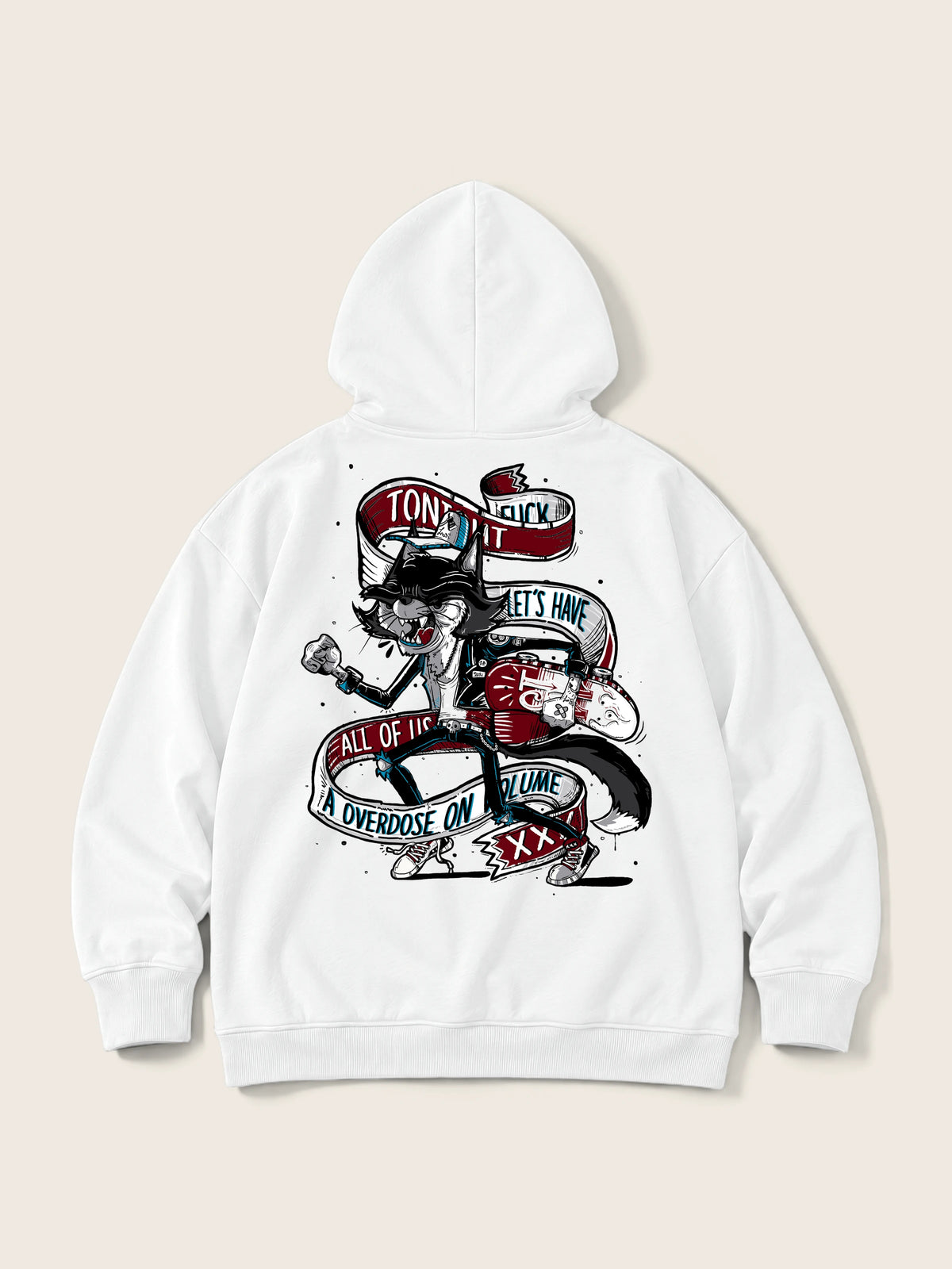 Skater Cat · Hoodie 410g, blanco, estampado bolsillo + espalda, vista trasera