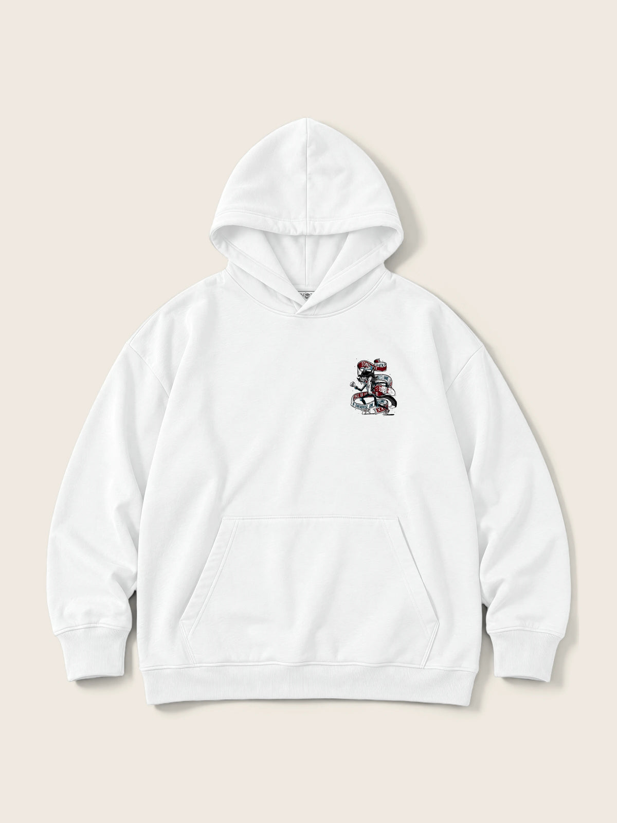 Skater Cat · Hoodie 410g, blanco, estampado bolsillo + espalda, vista frontal