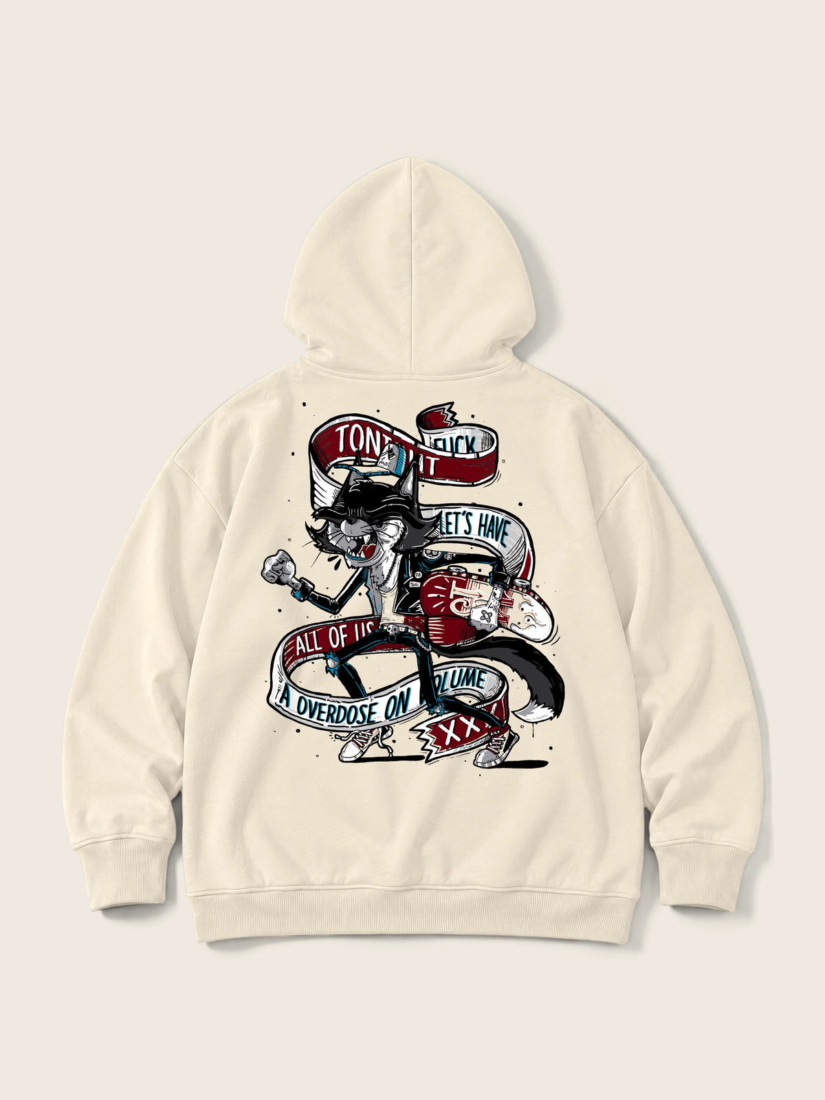 Skater Cat · Hoodie 410g, crudo, estampado bolsillo + espalda, vista trasera