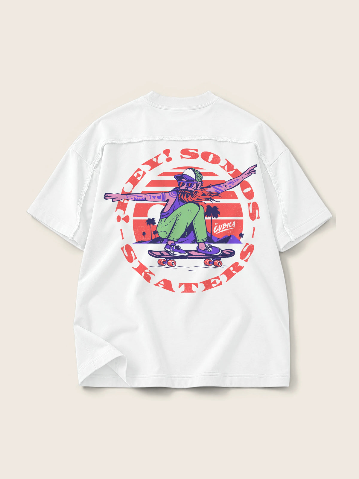Somos Skaters · Camiseta Semi Oversize con Cortes 410g, blanco, estampado espalda, vista trasera