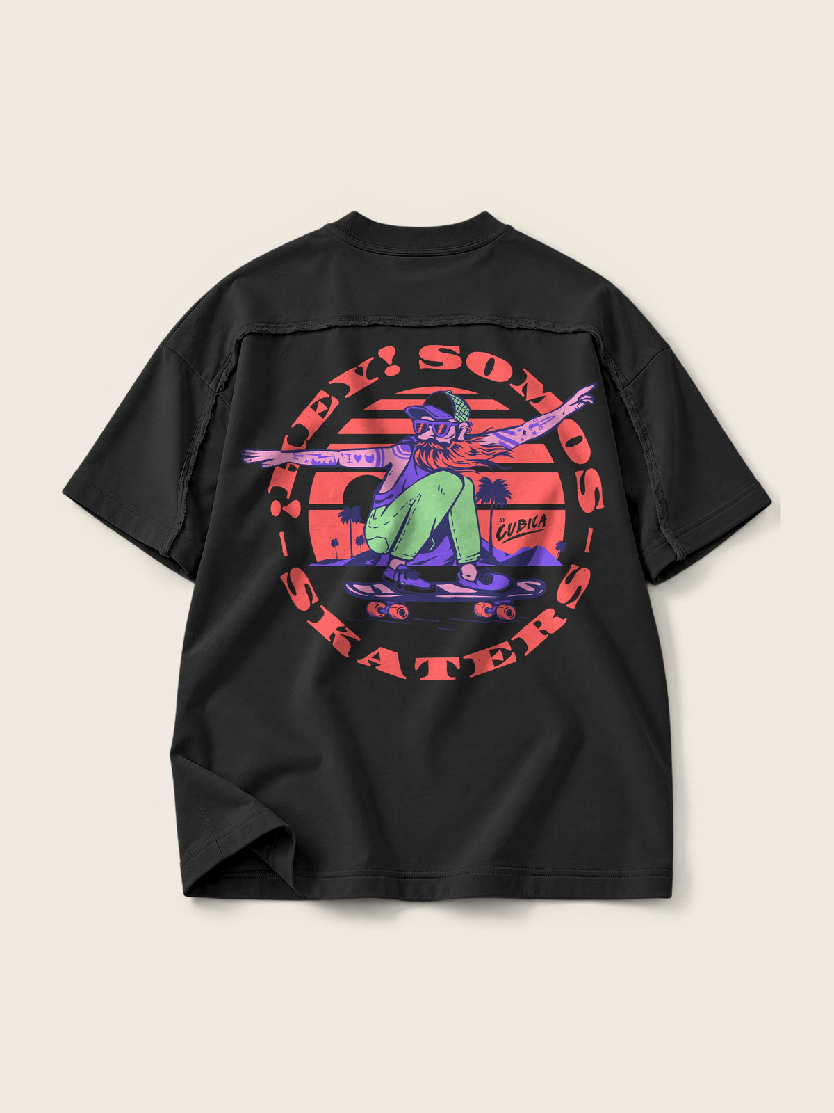 Somos Skaters · Camiseta Semi Oversize con Cortes 410g, negro, estampado espalda, vista trasera