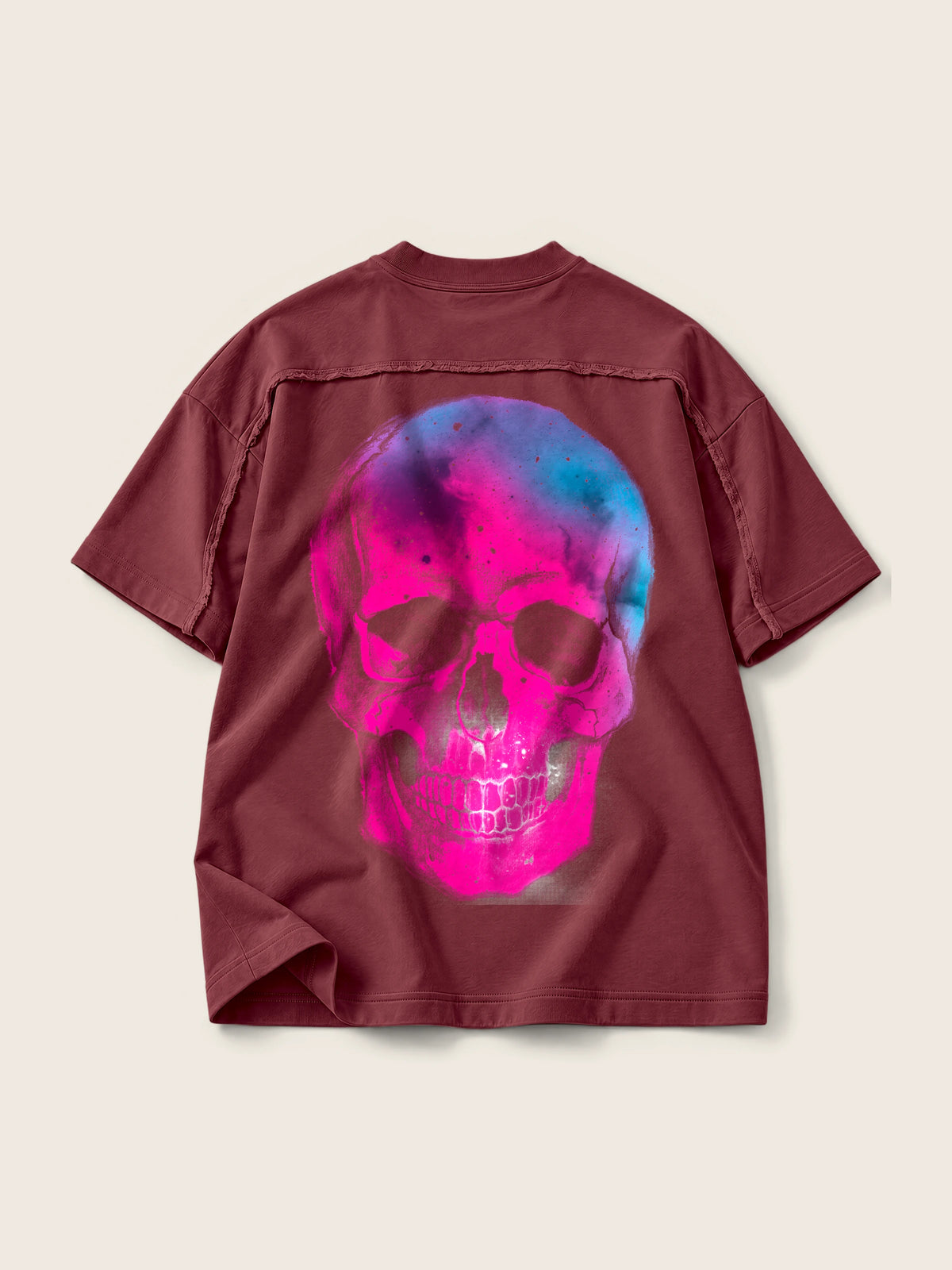 Space Skull · Camiseta Semi Oversize con Cortes 410g, vino, estampado espalda, vista trasera