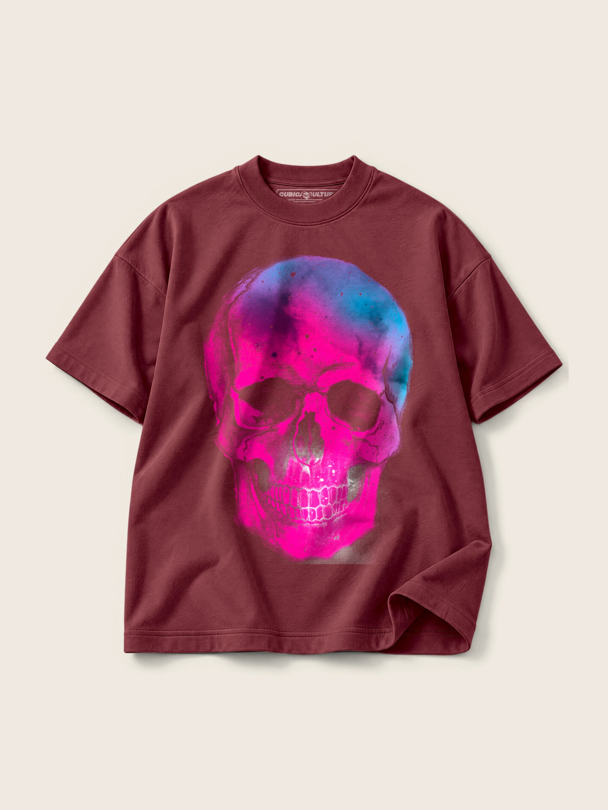 Space Skull · Camiseta Semi Oversize con Cortes 410g, vino, estampado frente, vista frontal