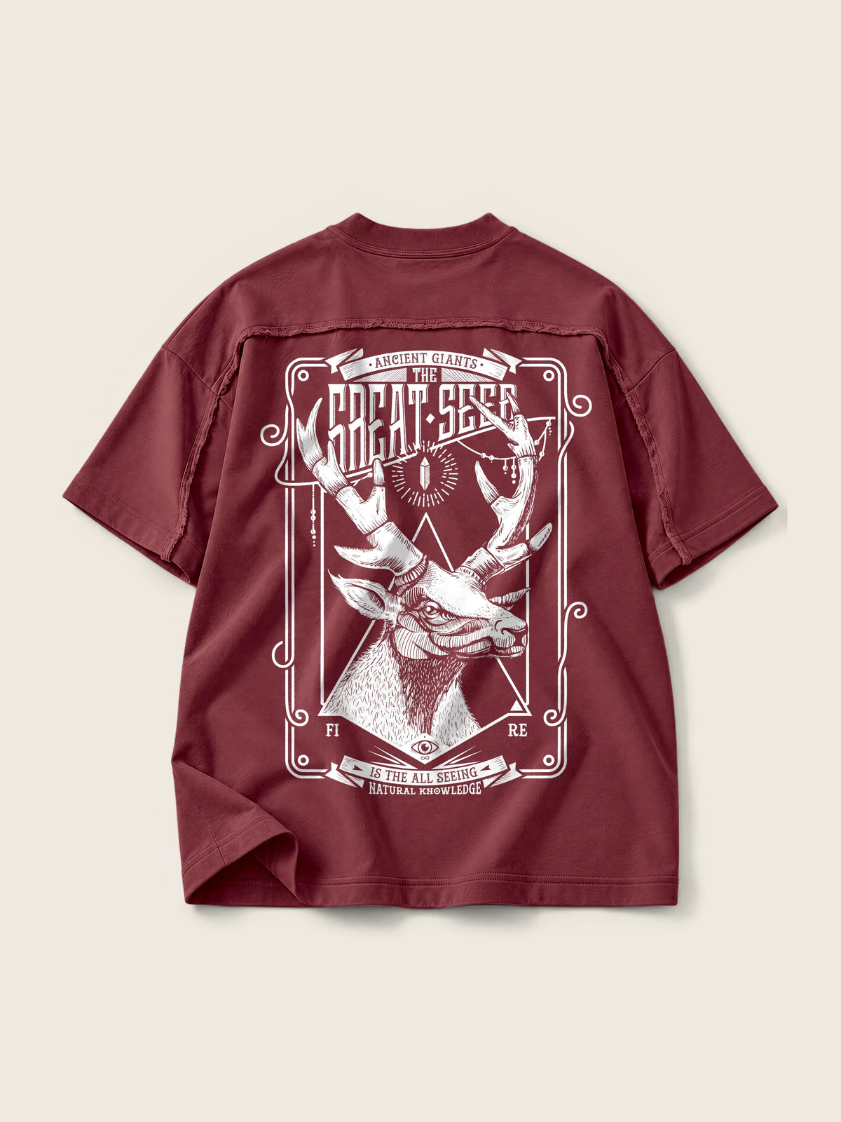 The Seer · Camiseta Semi Oversize con Cortes 410g, vino, estampado espalda, vista trasera