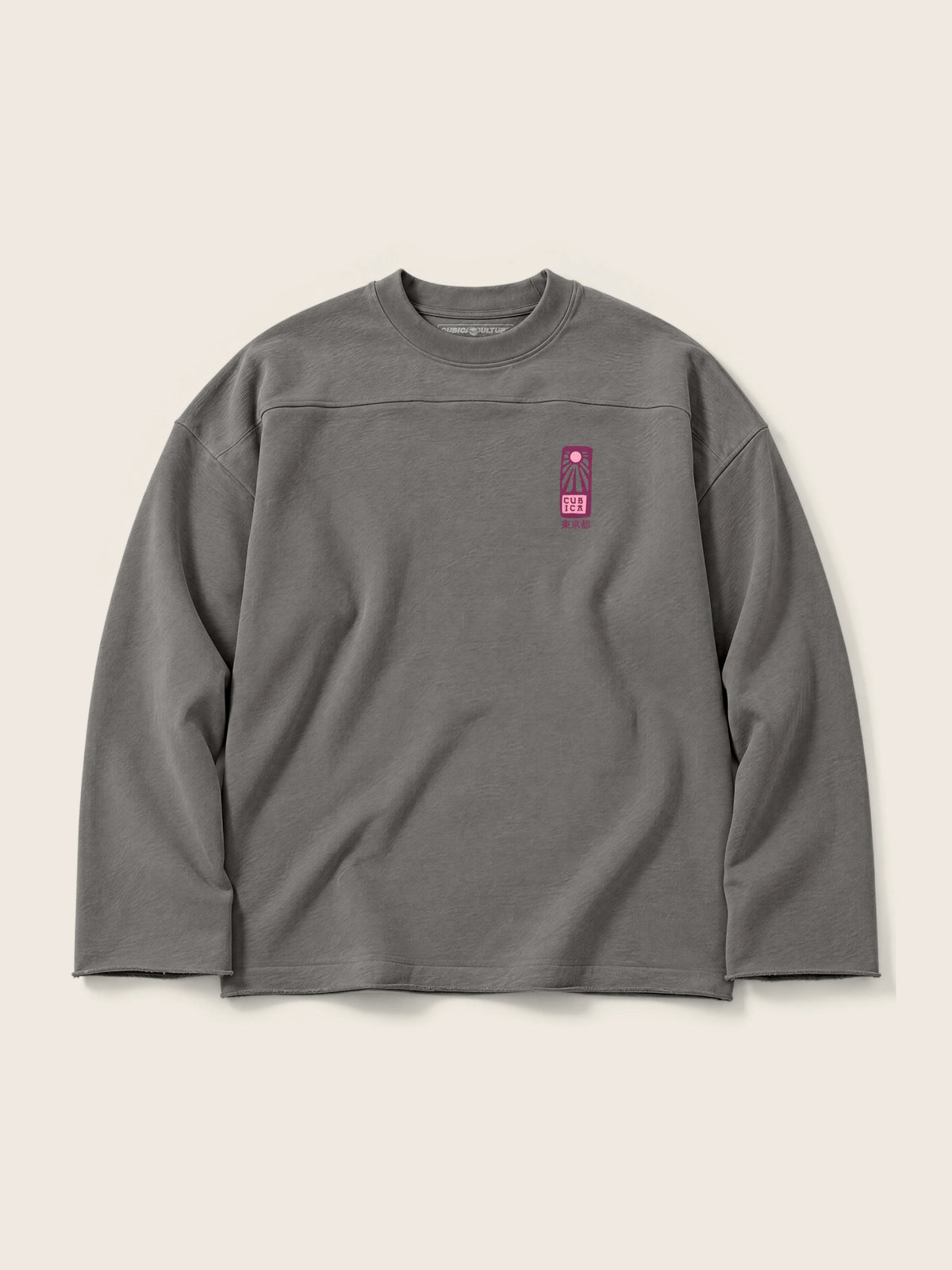 Tokyo 2050 · Buso Cuello Redondo 410g, gris stone, estampado bolsillo + espalda, vista frontal
