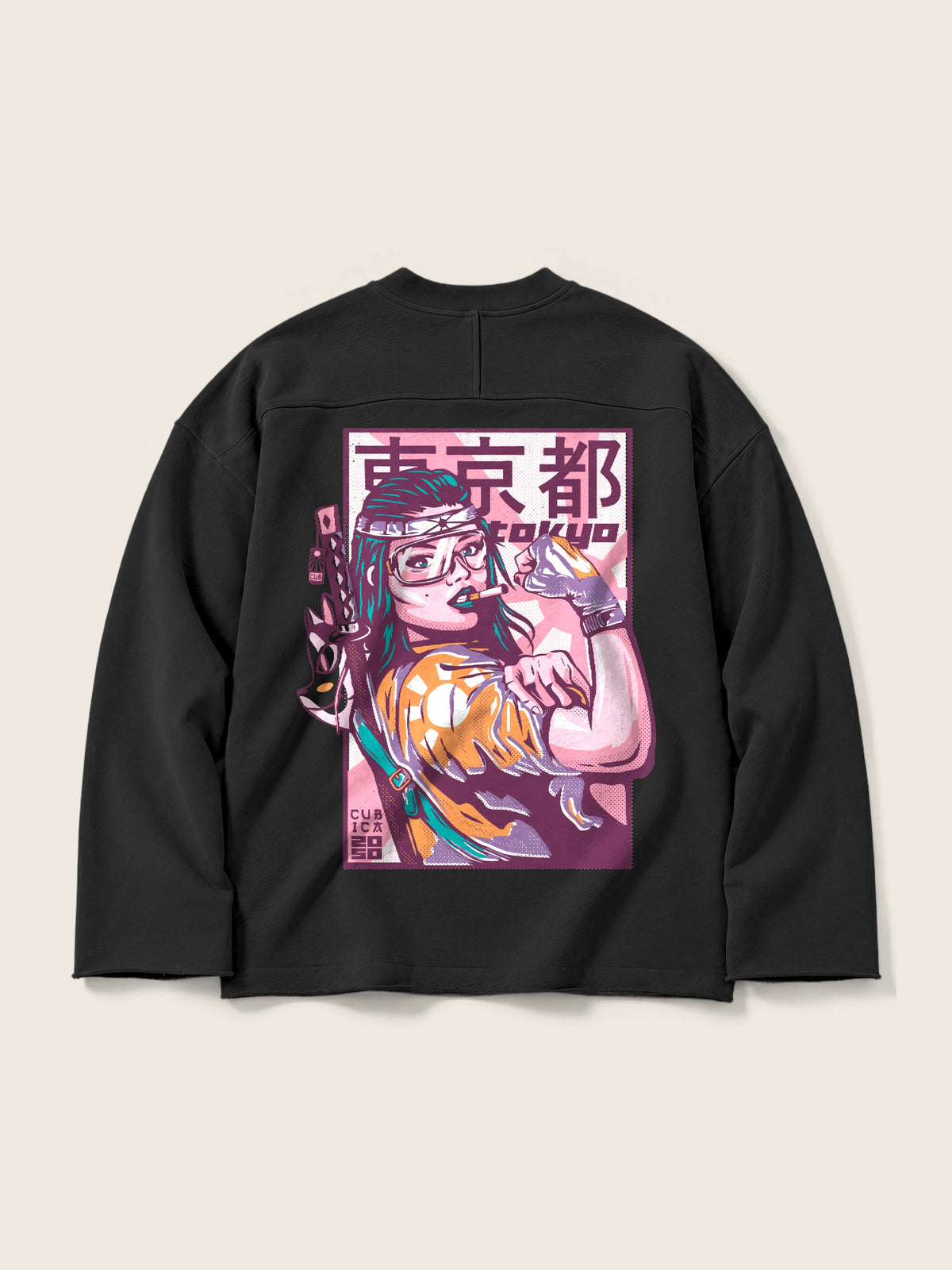 Tokyo 2050 · Buso Cuello Redondo 410g, negro, estampado bolsillo + espalda, vista trasera