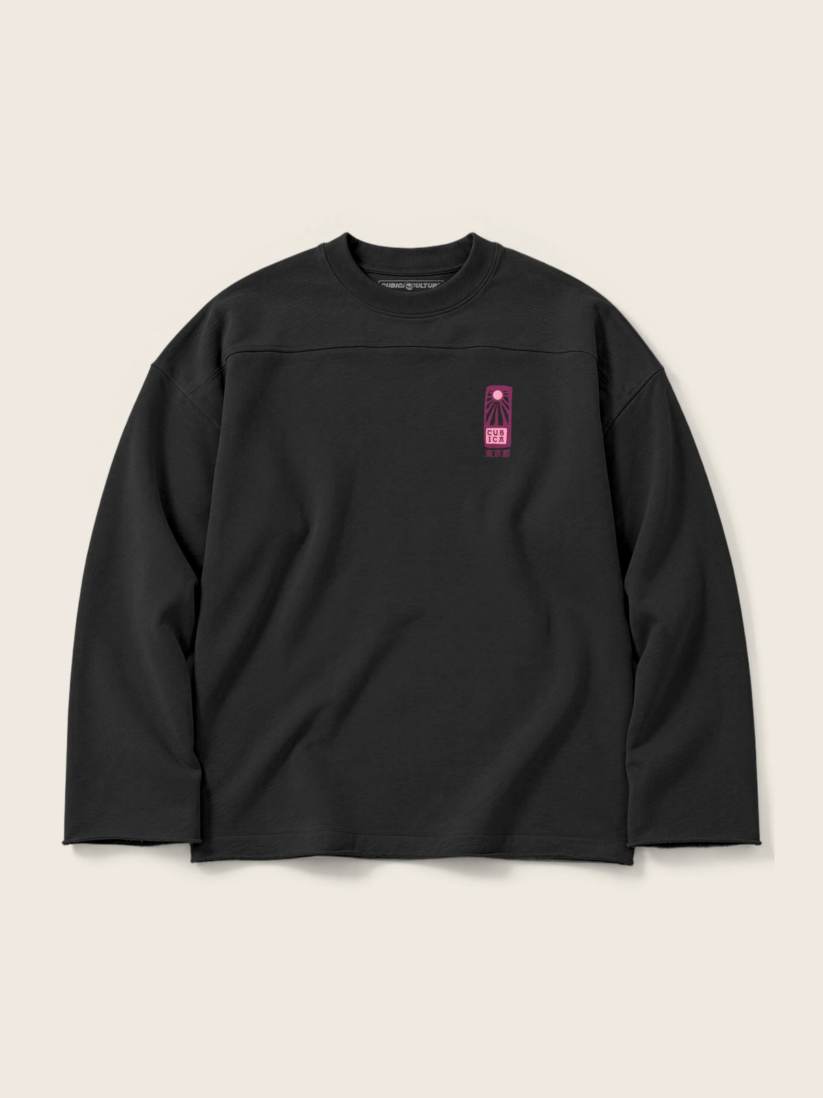 Tokyo 2050 · Buso Cuello Redondo 410g, negro, estampado bolsillo + espalda, vista frontal