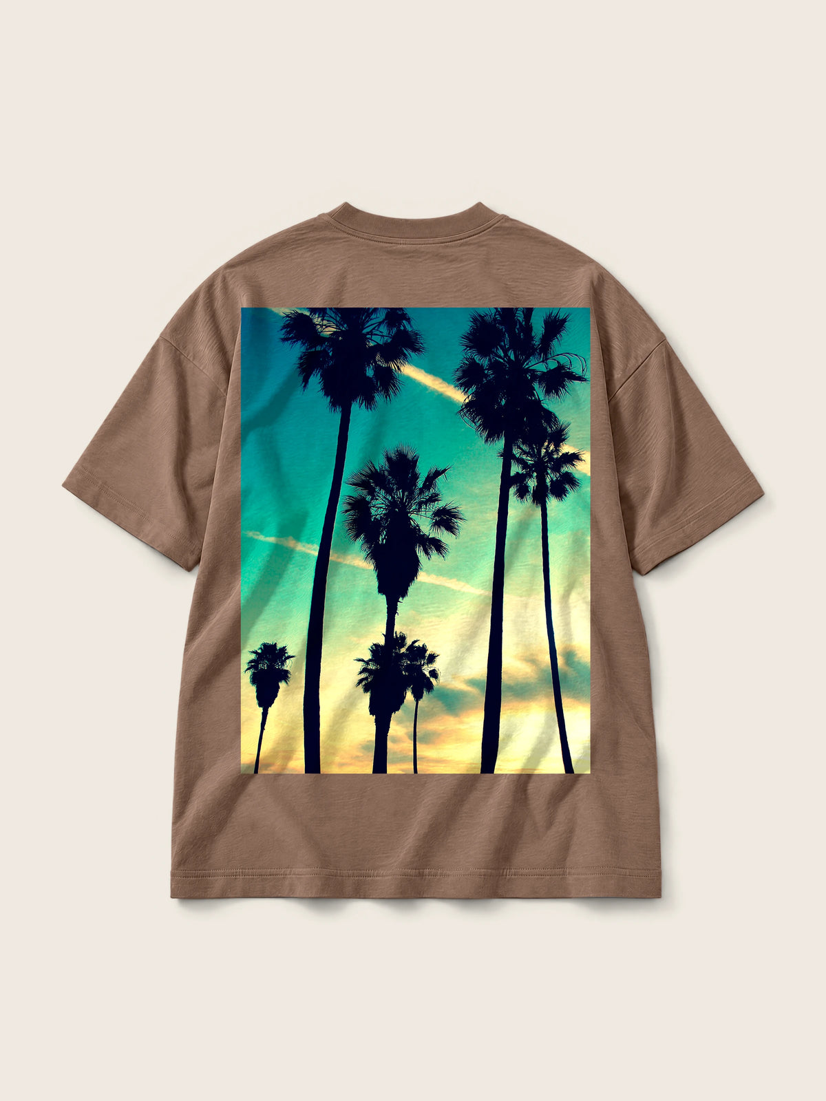 Tropical Dusk · Camiseta Semi Oversize 310g, chocolate, estampado espalda, vista trasera