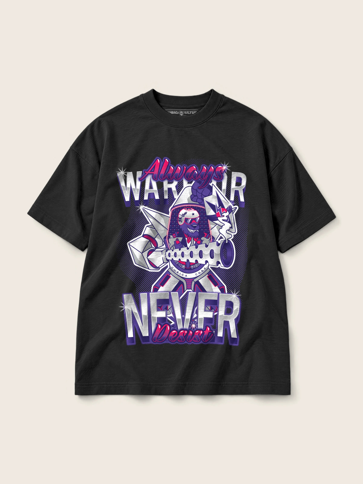 Warrior · Camiseta Semi Oversize 310g, negro, estampado frente, vista frontal