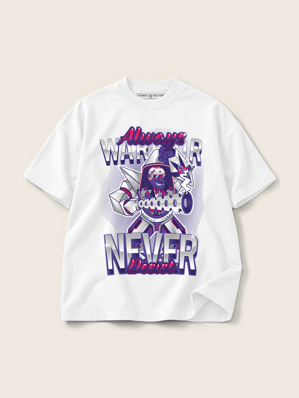 Warrior · Camiseta Semi Oversize con Cortes 410g, blanco, estampado frente, vista frontal